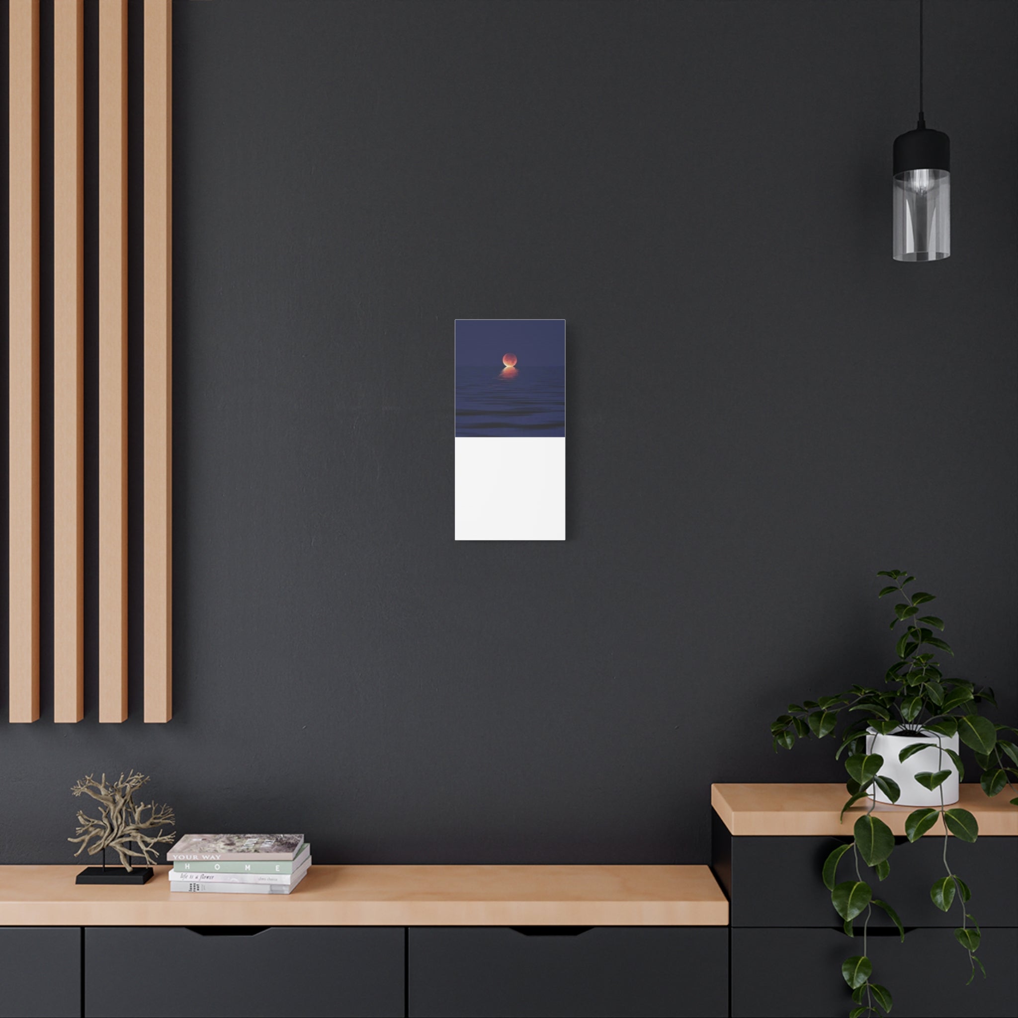 Lunar Reflection Canvas Art — Moonrise Over Calm Sea Stretched Matte Wall Art