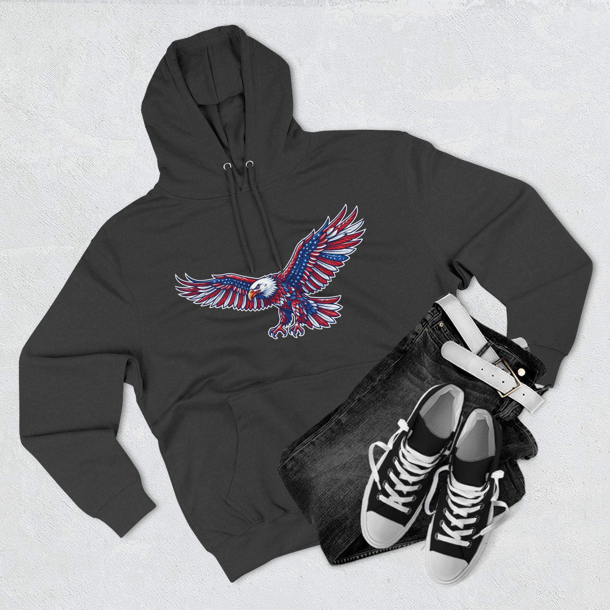 Eagle Flight Hoodie — Patriotic Red & Blue Soaring Eagle Graphic