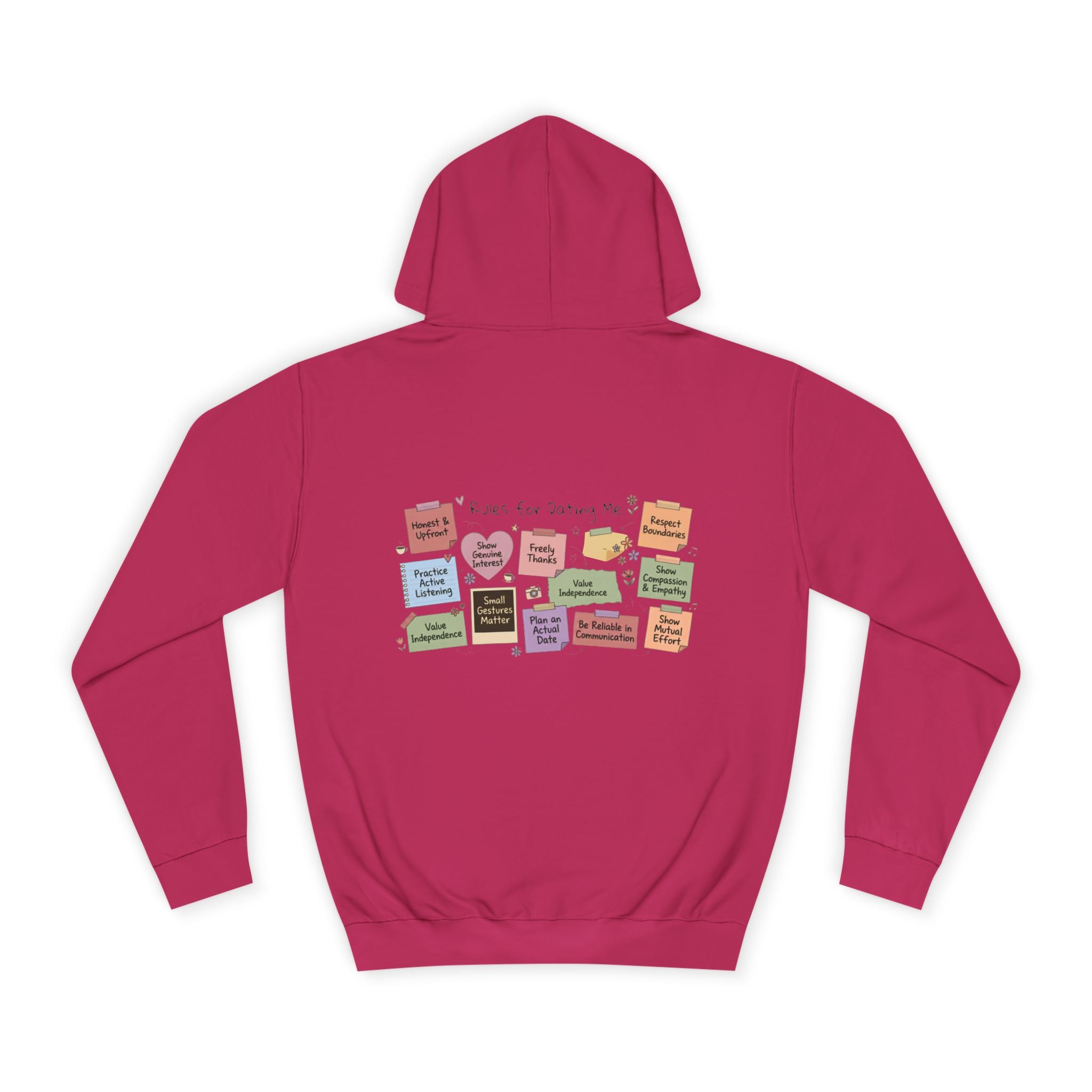College Hoodie — Retro Sticky Notes Back Print, Cute Study Vibes