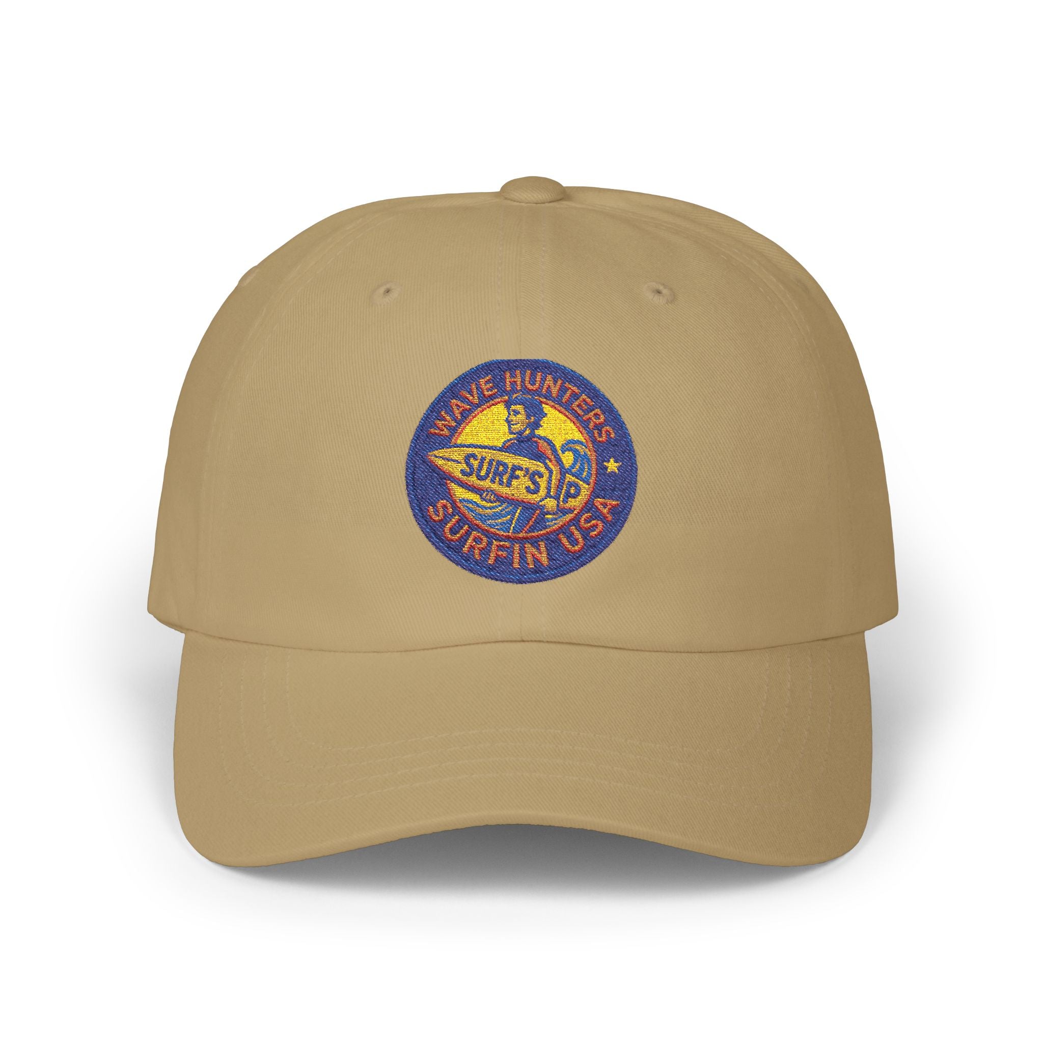 Dad Cap — Retro Surf Patch “Wave Hunter Surfin USA” Embroidered Baseball Hat