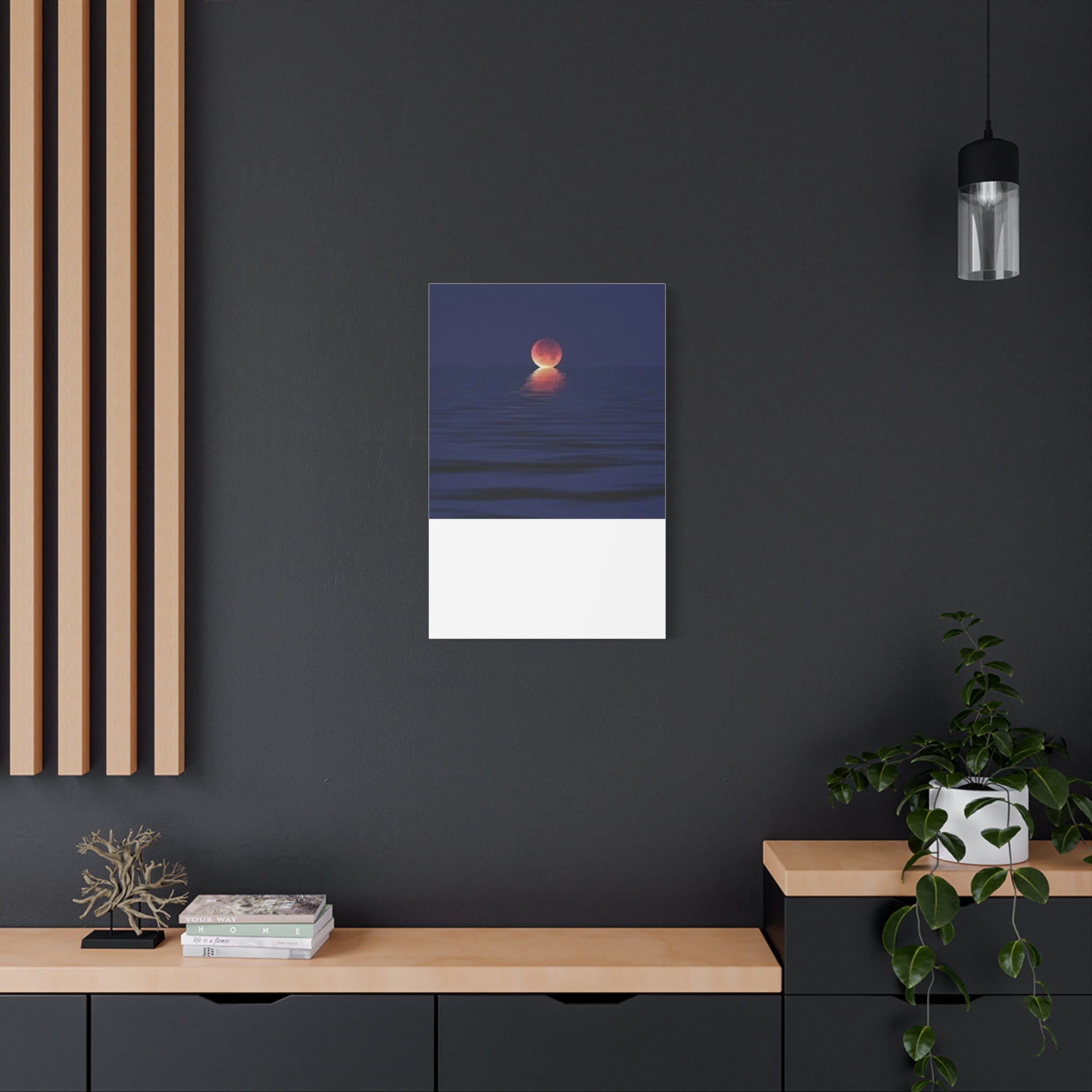Lunar Reflection Canvas Art — Moonrise Over Calm Sea Stretched Matte Wall Art