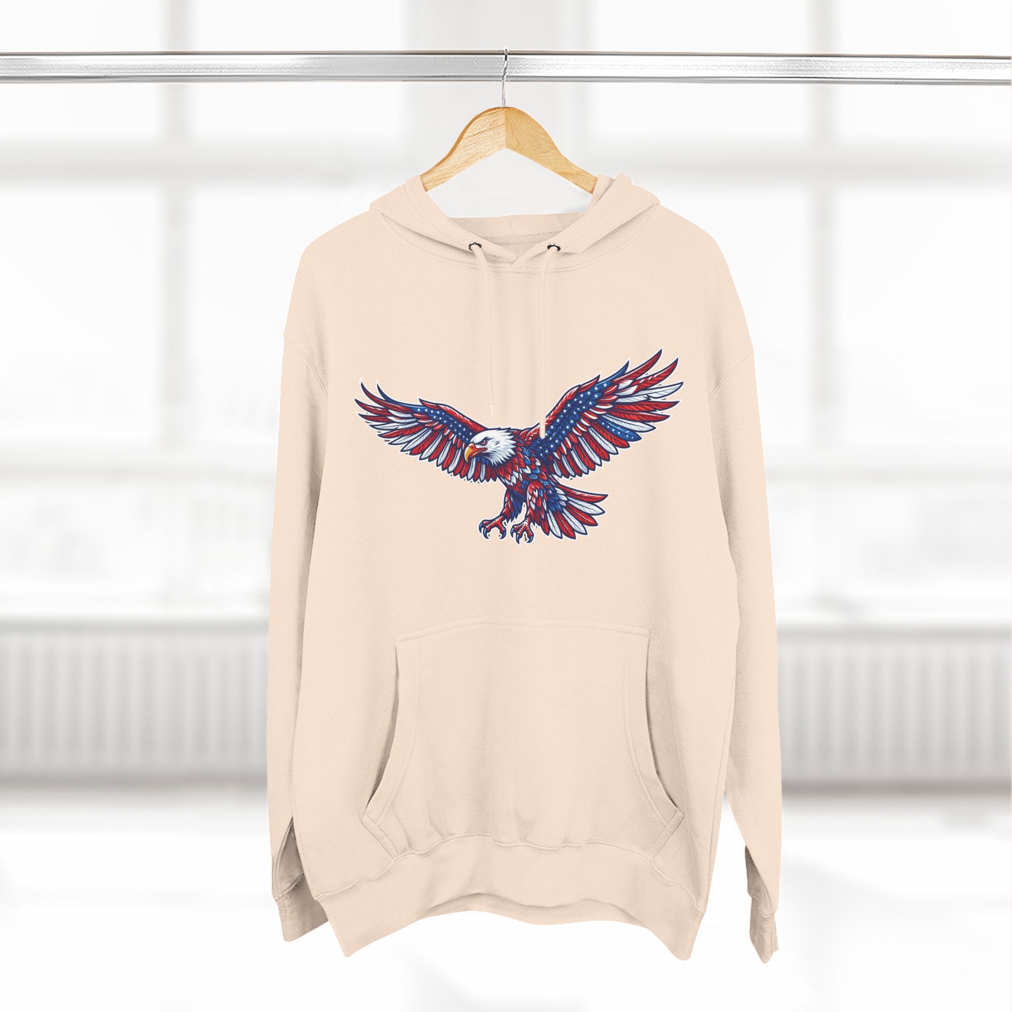 Eagle Flight Hoodie — Patriotic Red & Blue Soaring Eagle Graphic