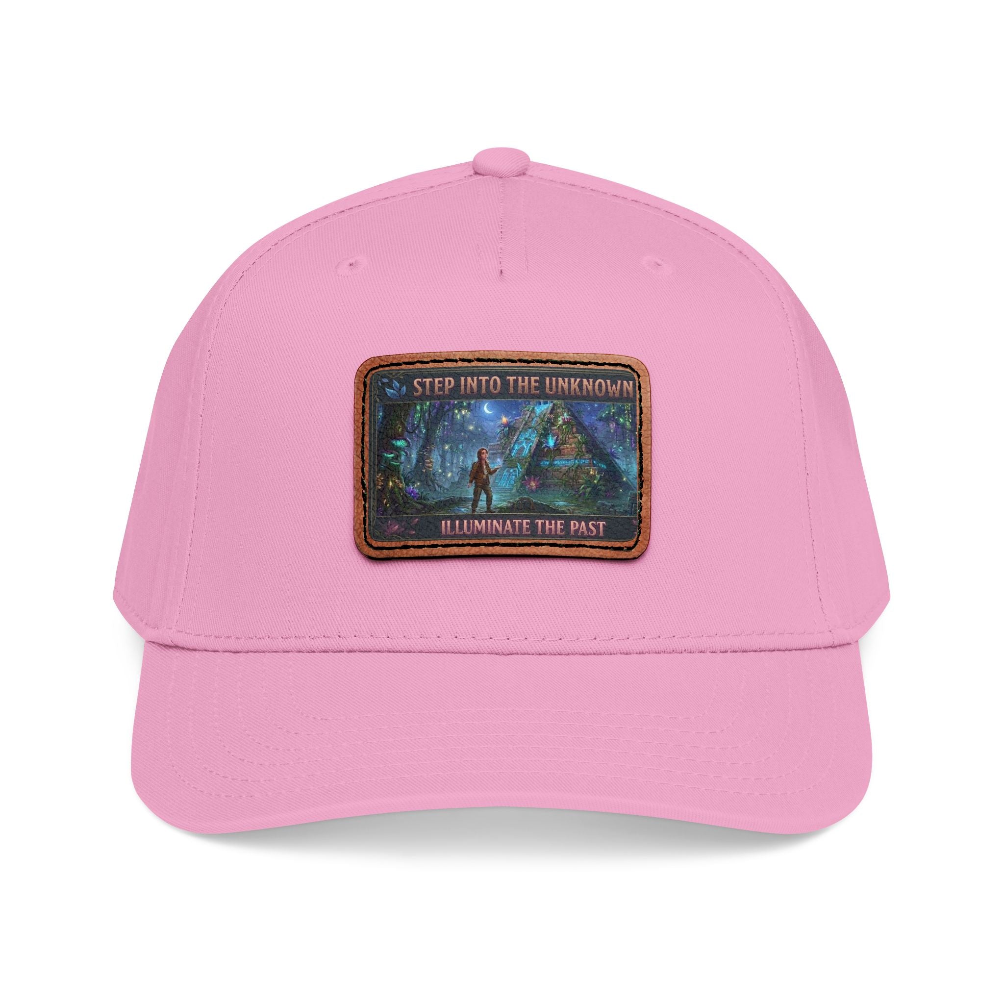 Leather Patch Baseball Cap — "Step Into the Unknown, Illuminate the Past" Forest Adventure Design