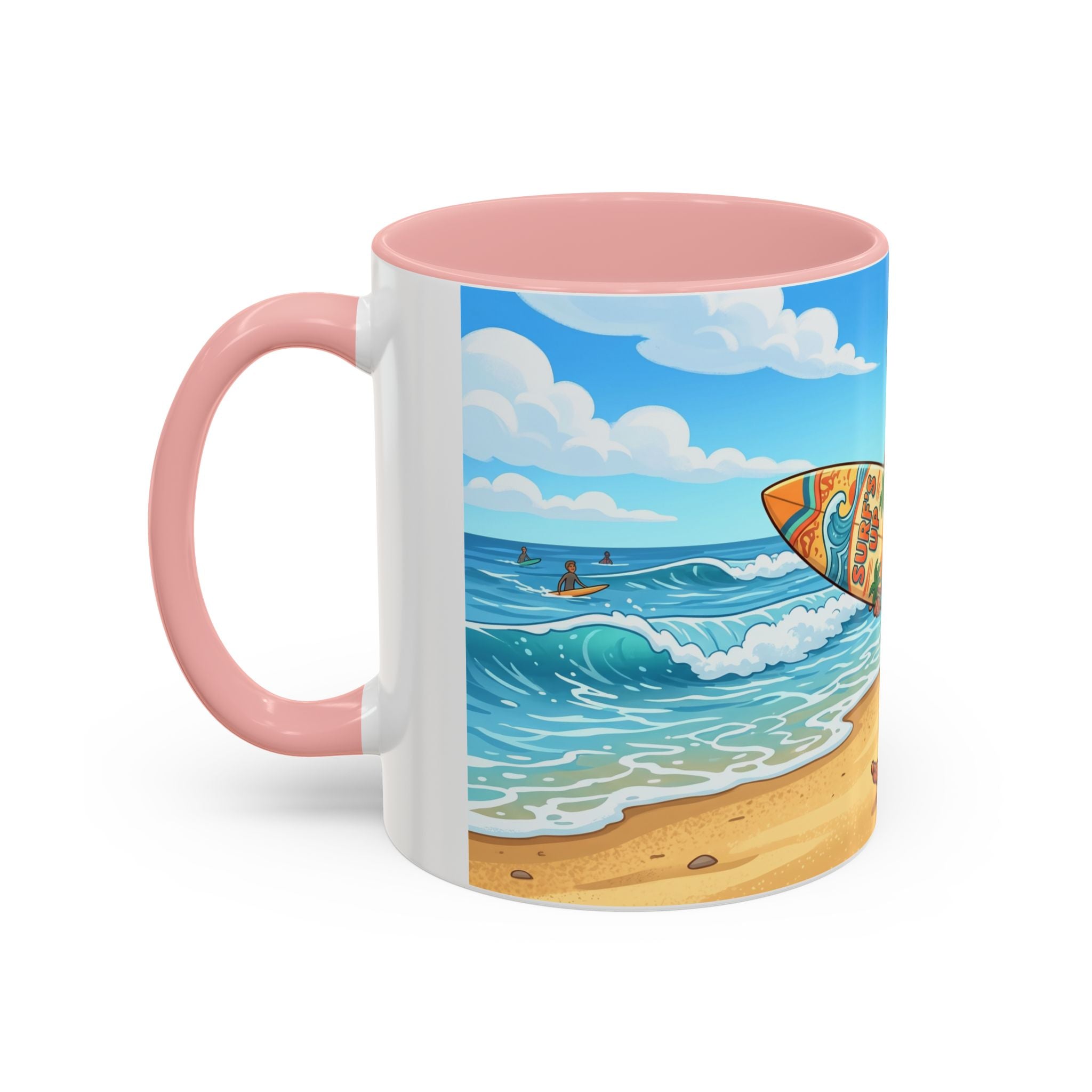 Surf Beach Coffee Mug — Cute Surfer Cartoon Design, 11/15oz Accent Mug