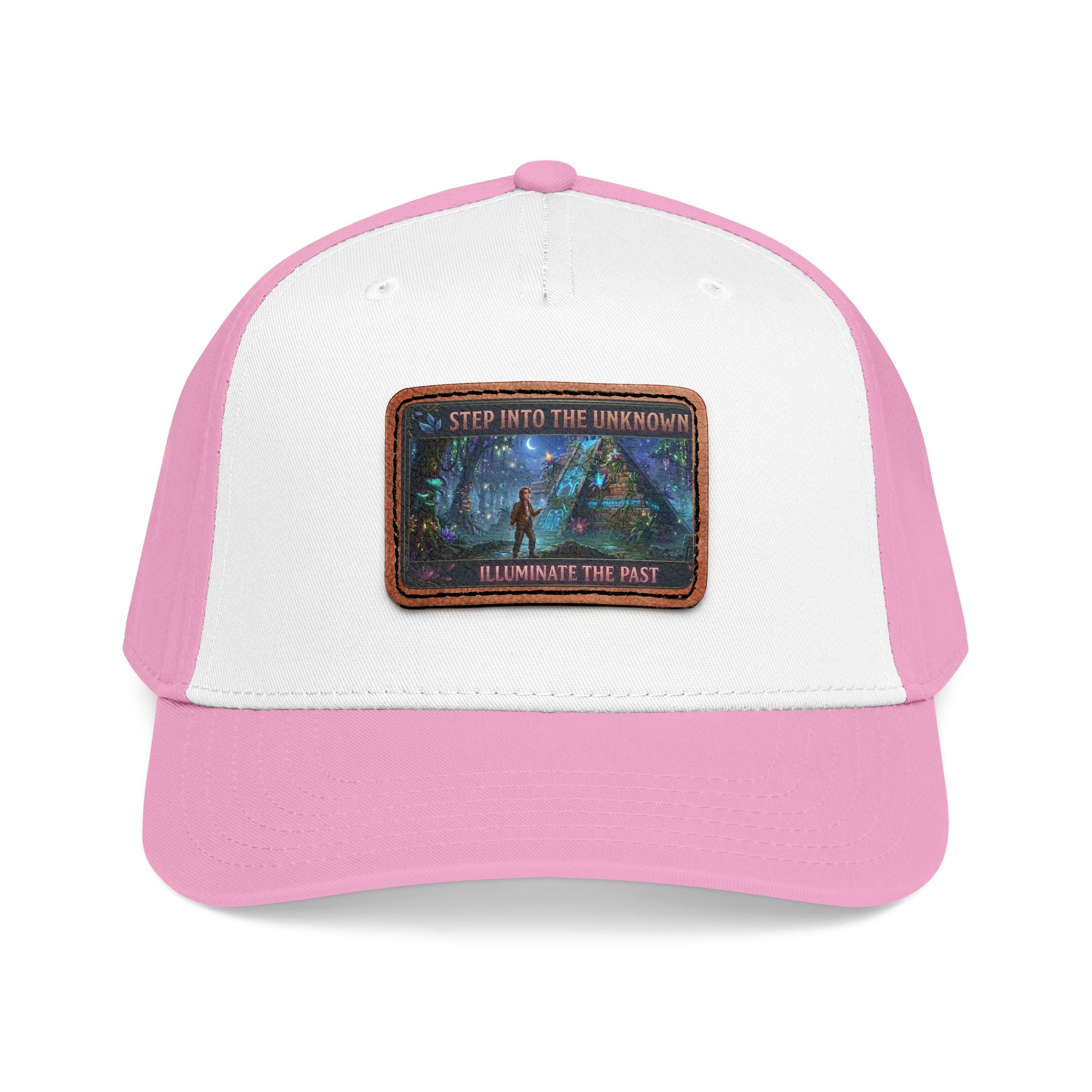 Leather Patch Baseball Cap — "Step Into the Unknown, Illuminate the Past" Forest Adventure Design