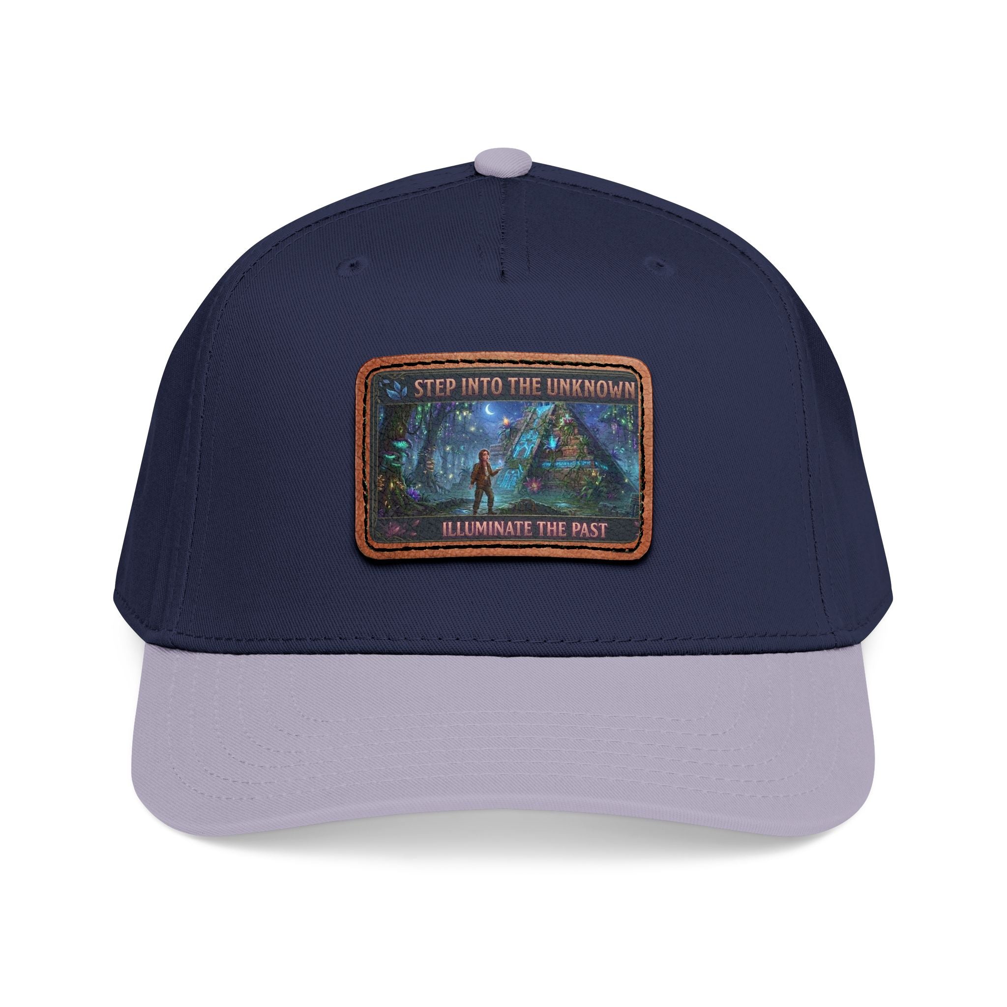 Leather Patch Baseball Cap — "Step Into the Unknown, Illuminate the Past" Forest Adventure Design