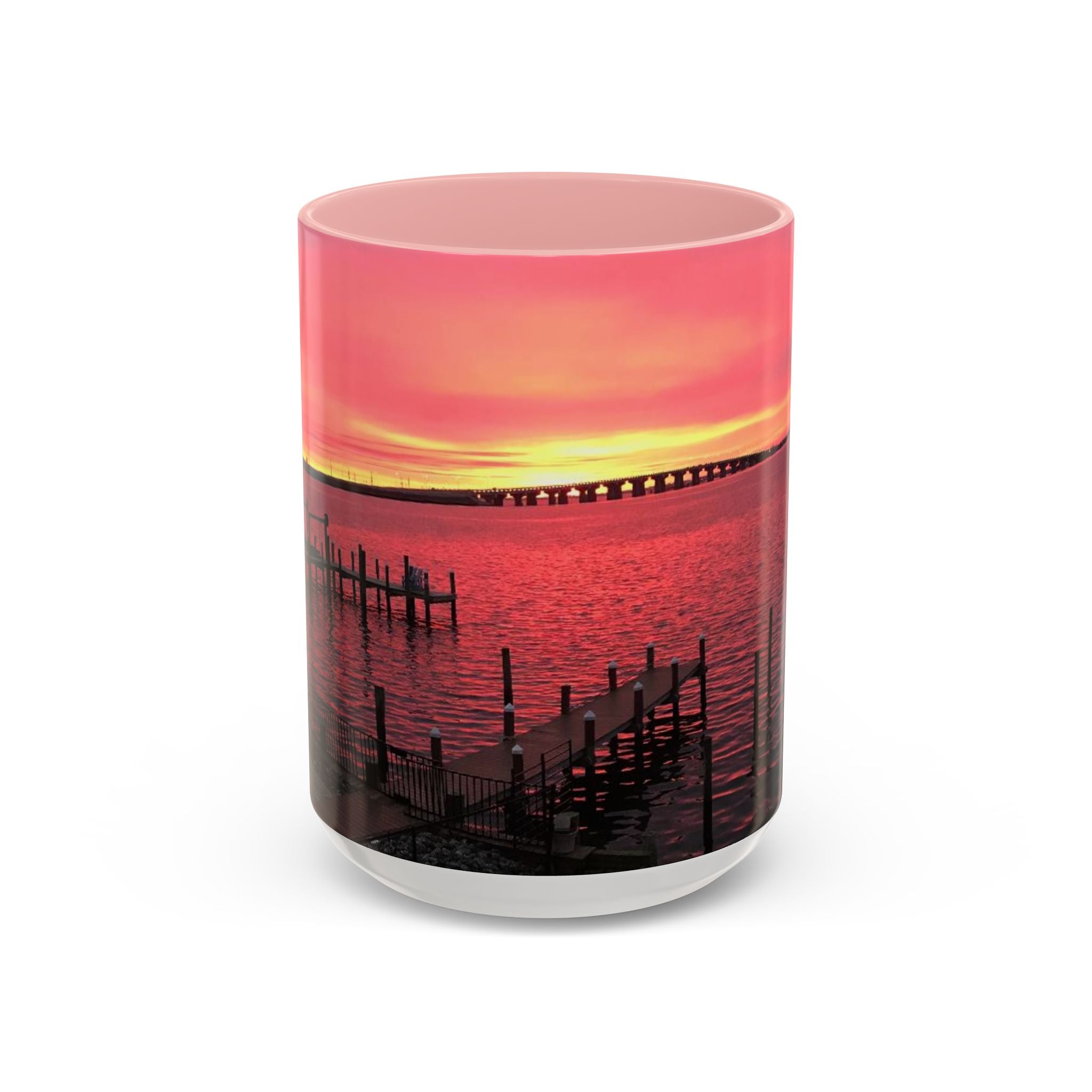 Sunset Harbor Accent Coffee Mug — Pink Sunrise Dock Scene (11/15oz)
