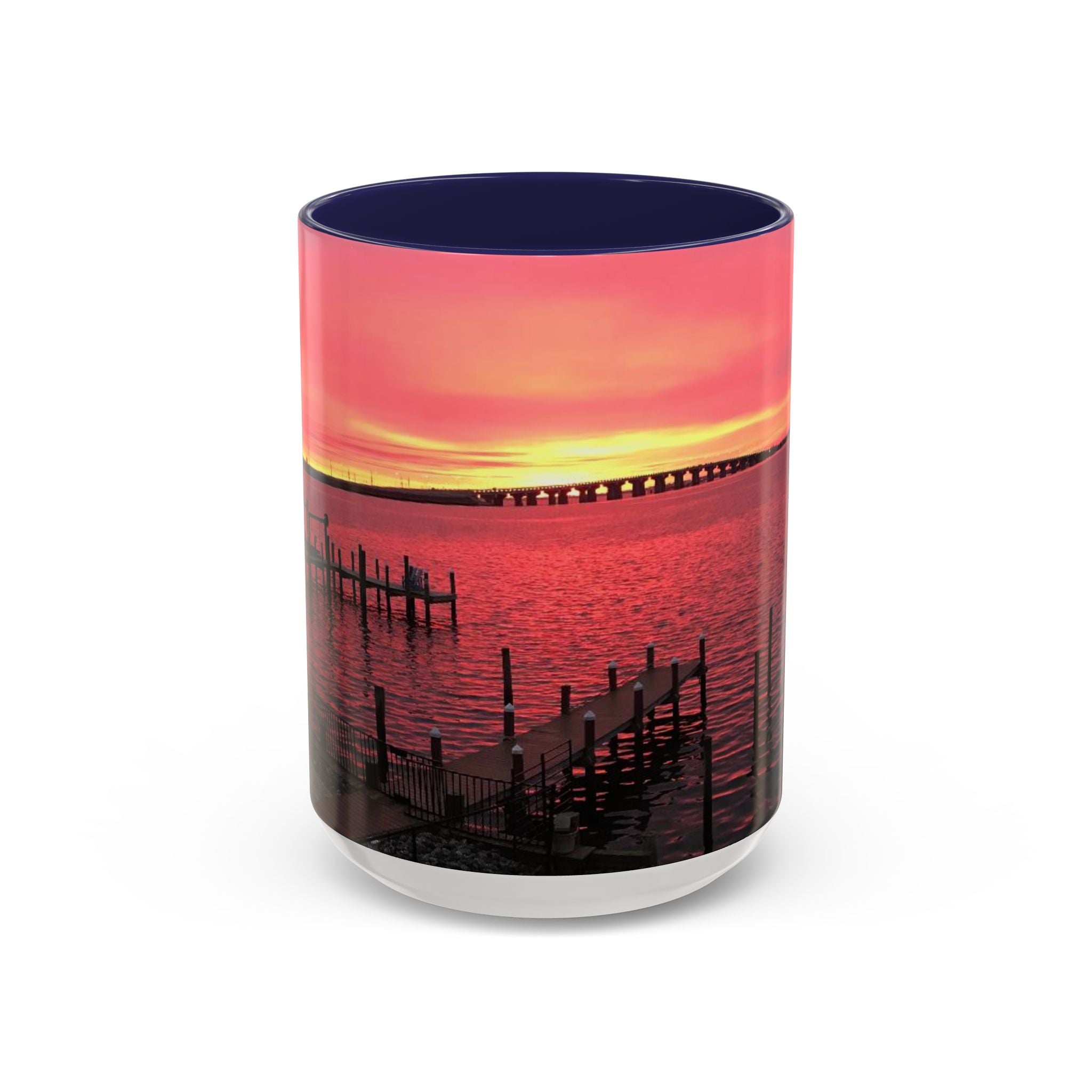 Sunset Harbor Accent Coffee Mug — Pink Sunrise Dock Scene (11/15oz)
