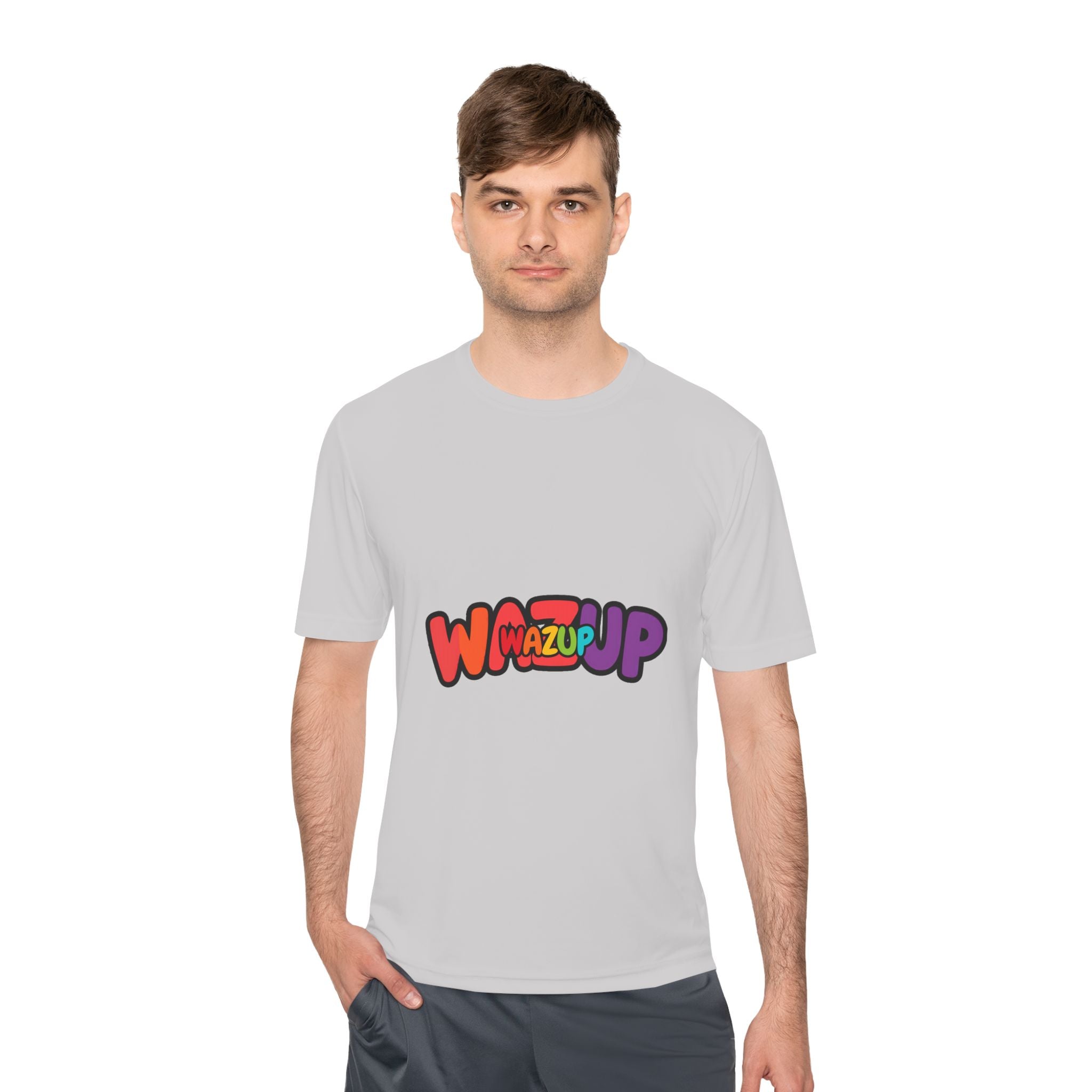 Wazup Colorblock Graphic Tee — Retro Pop 'Wazup' Moisture-Wicking Shirt
