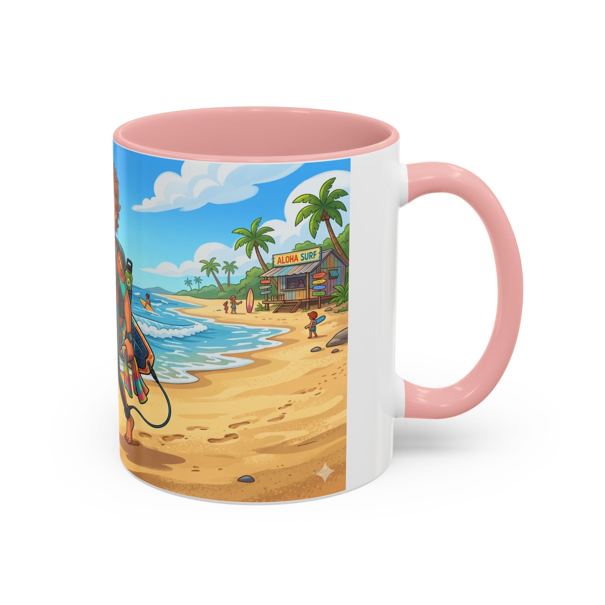Surf Beach Coffee Mug — Cute Surfer Cartoon Design, 11/15oz Accent Mug