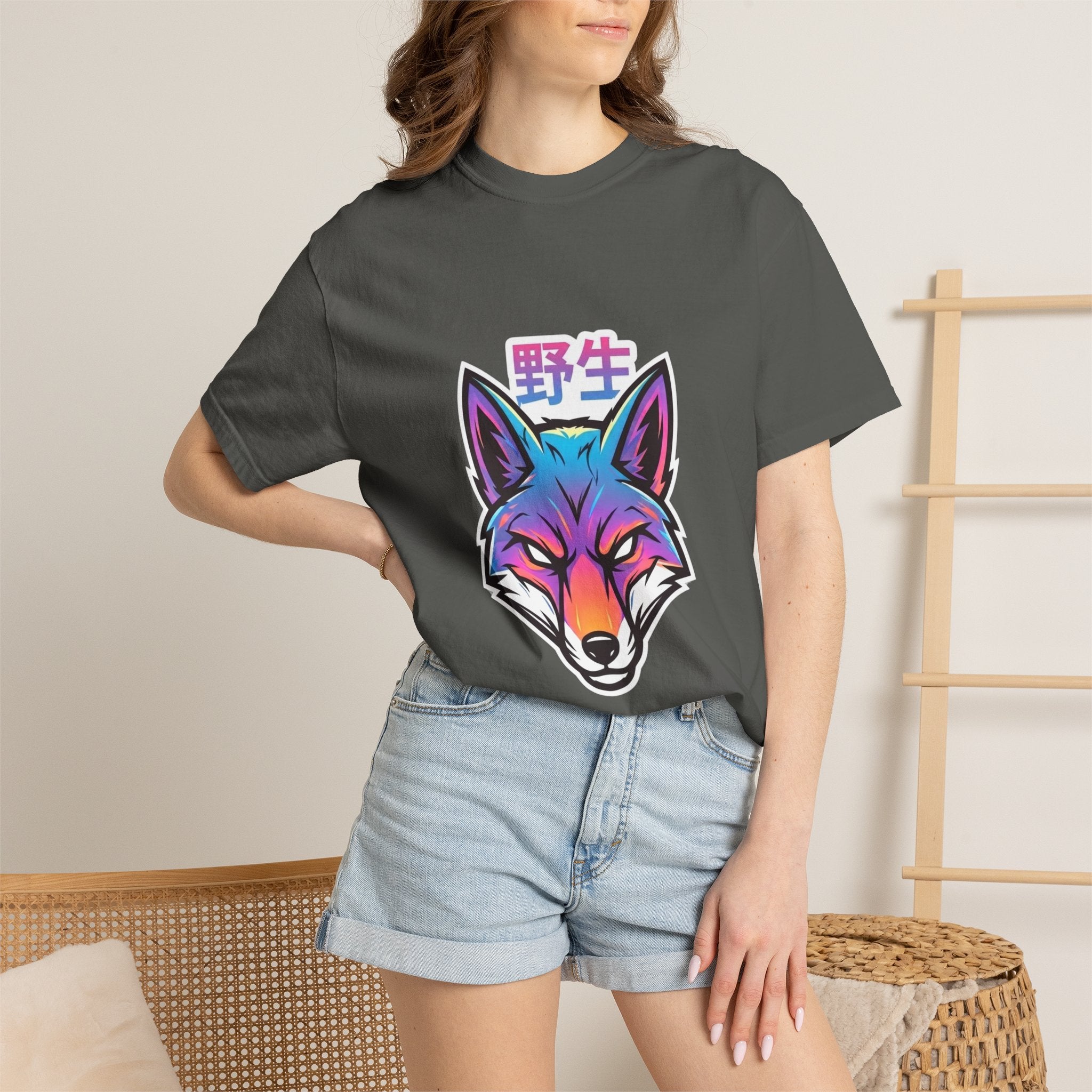 Neon Fox Graphic T-Shirt — Wild (野生) Japanese Kanji Tee