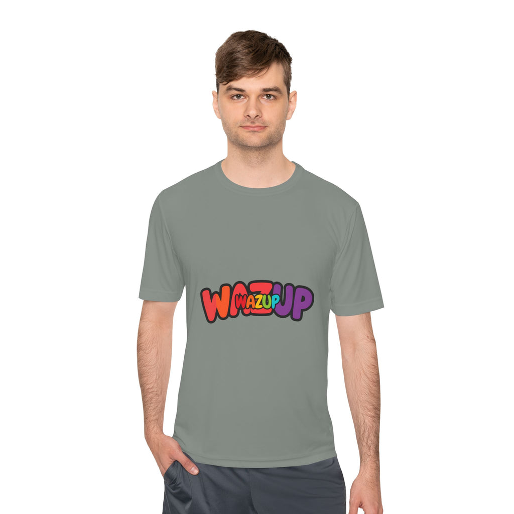 Wazup Colorblock Graphic Tee — Retro Pop 'Wazup' Moisture-Wicking Shirt