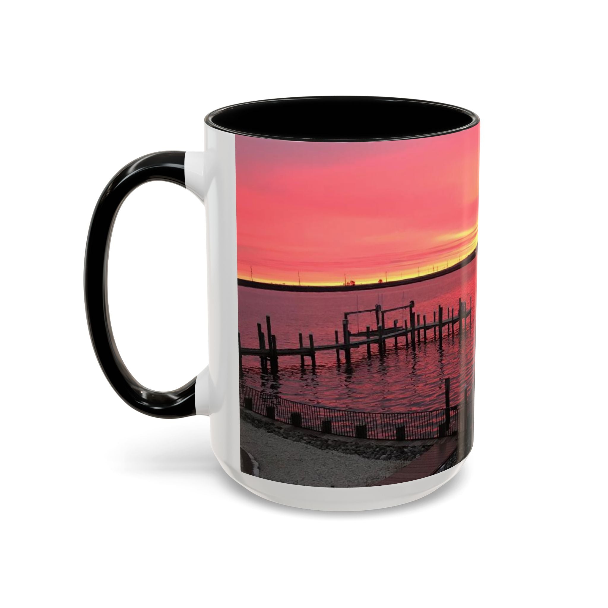 Sunset Harbor Accent Coffee Mug — Pink Sunrise Dock Scene (11/15oz)