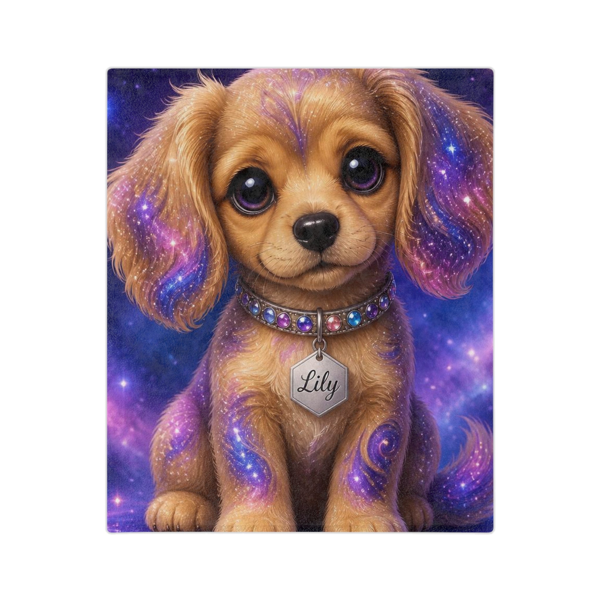 Personalized Galaxy Puppy Velveteen Microfiber Blanket – Cute 'Lily' Dog Design, Cozy Gift for Kids & Pet Lovers