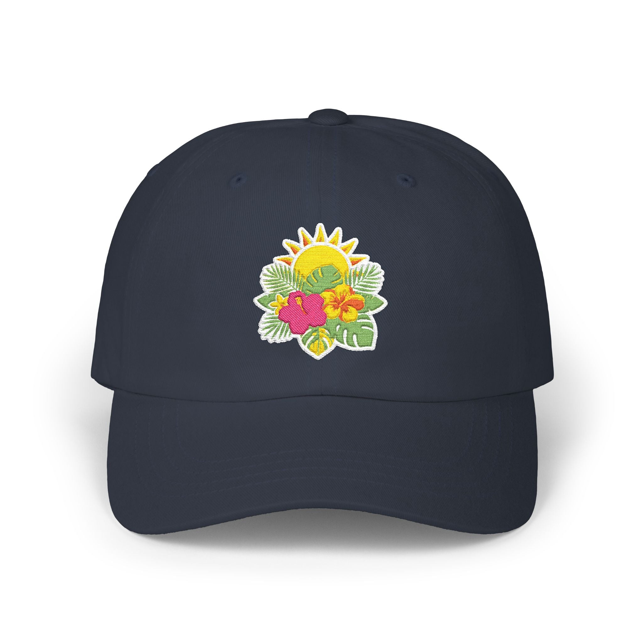 Floral Sunburst Dad Cap — Embroidered Sun & Hibiscus Baseball Hat
