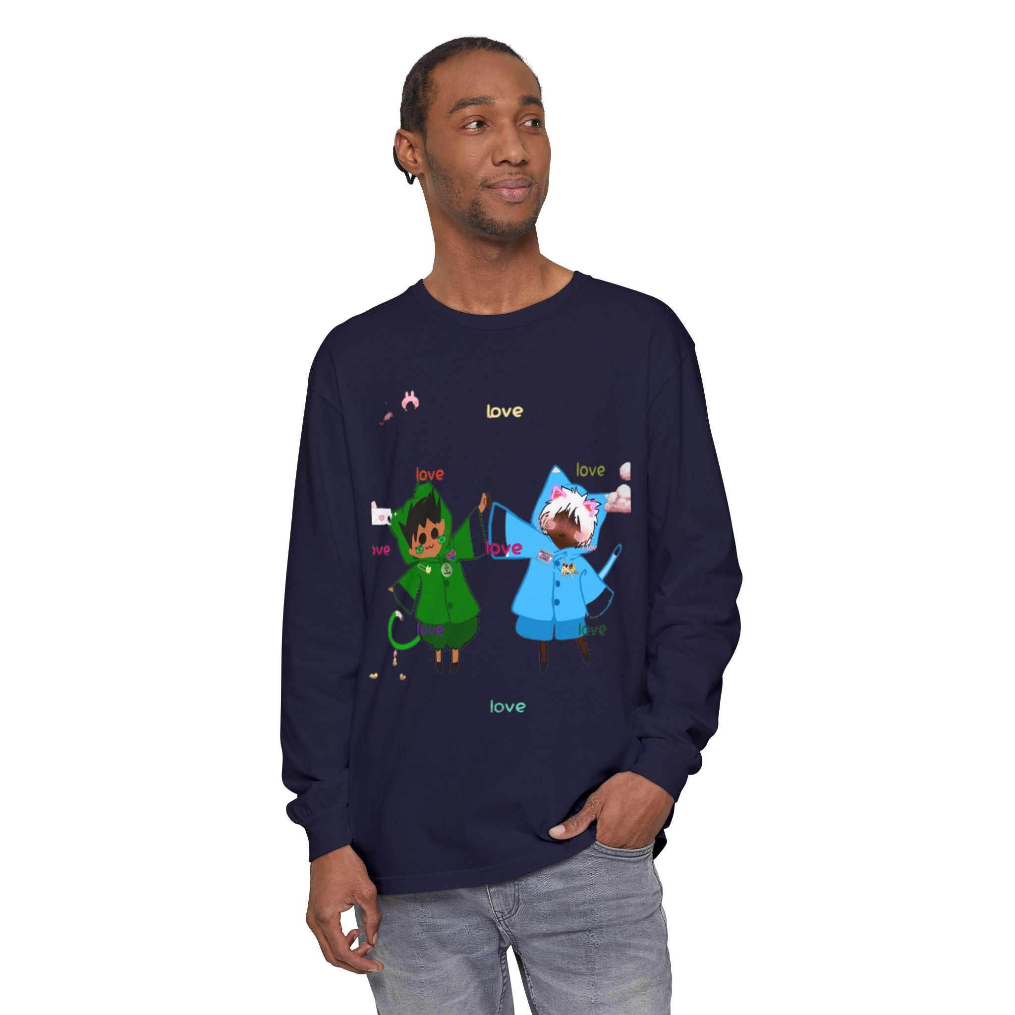 Cute Rainbow Cats Holding Hands Long Sleeve Tee – "Love" Graphic