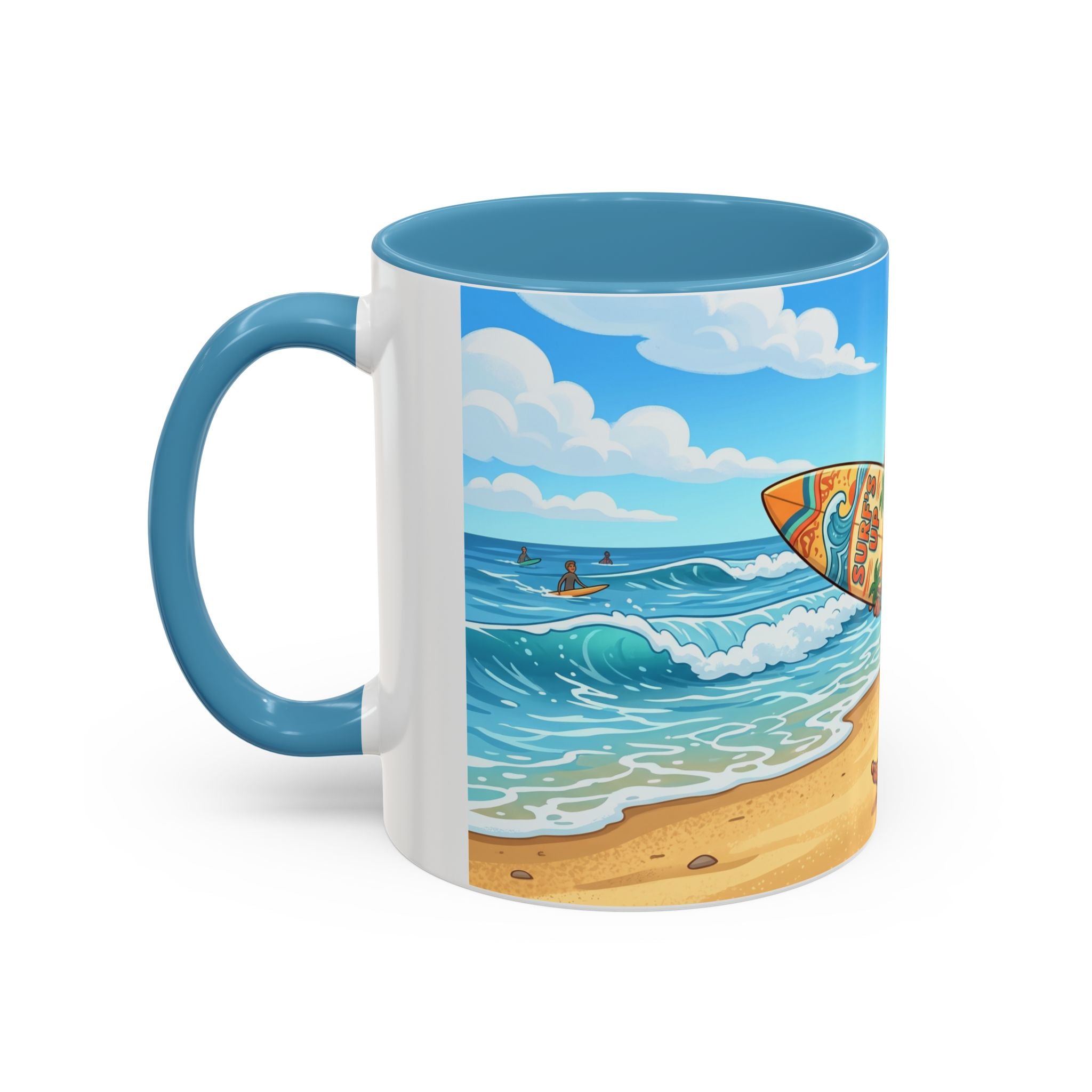 Surf Beach Coffee Mug — Cute Surfer Cartoon Design, 11/15oz Accent Mug