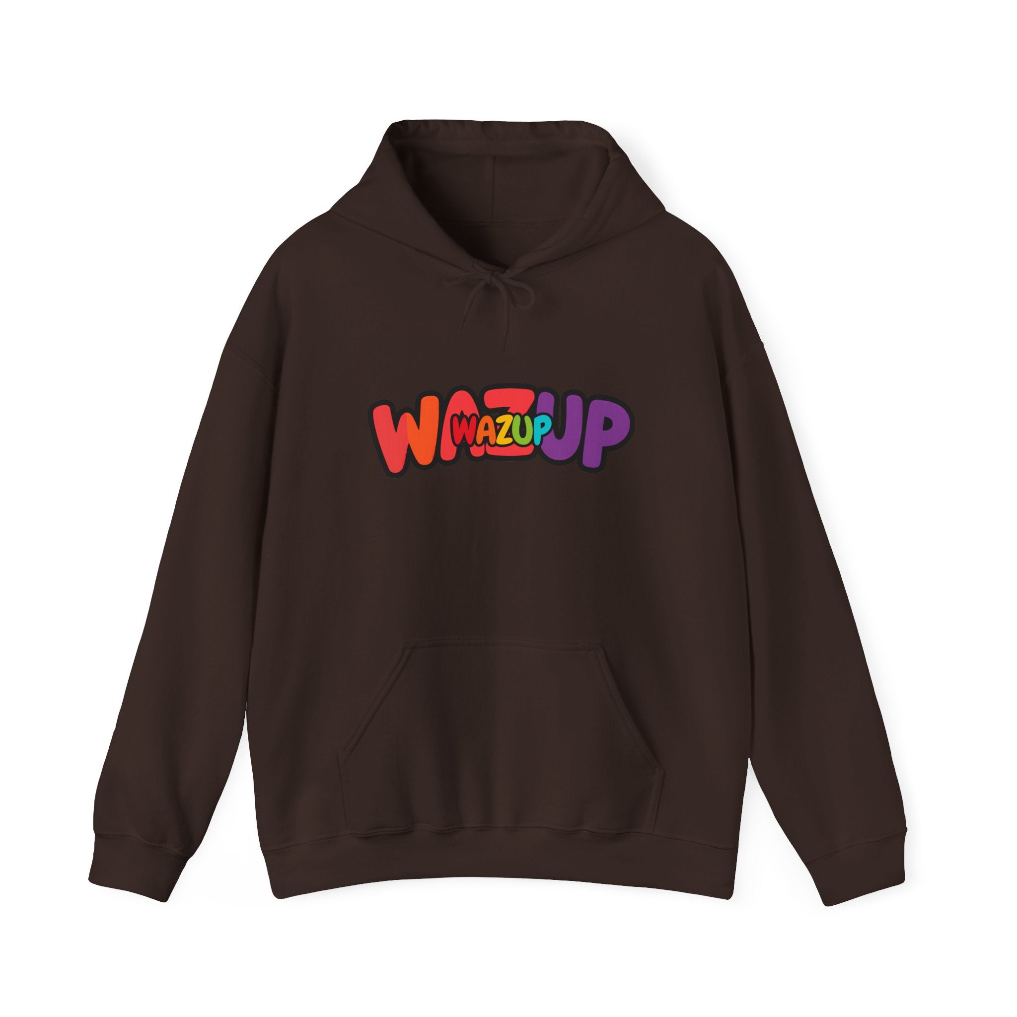 Wazup Rainbow Logo Hoodie — Colorful Retro Graphic Sweatshirt