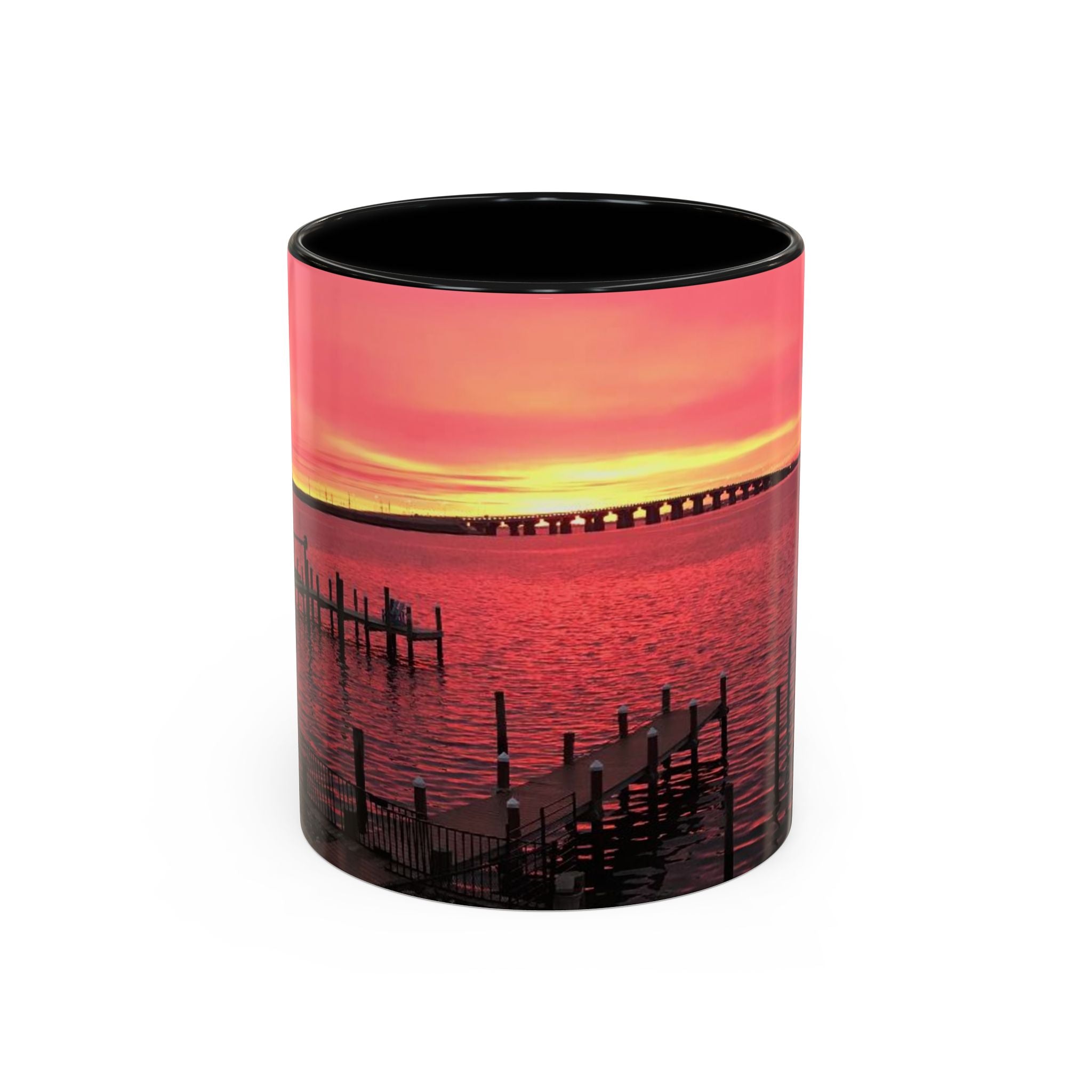 Sunset Harbor Accent Coffee Mug — Pink Sunrise Dock Scene (11/15oz)