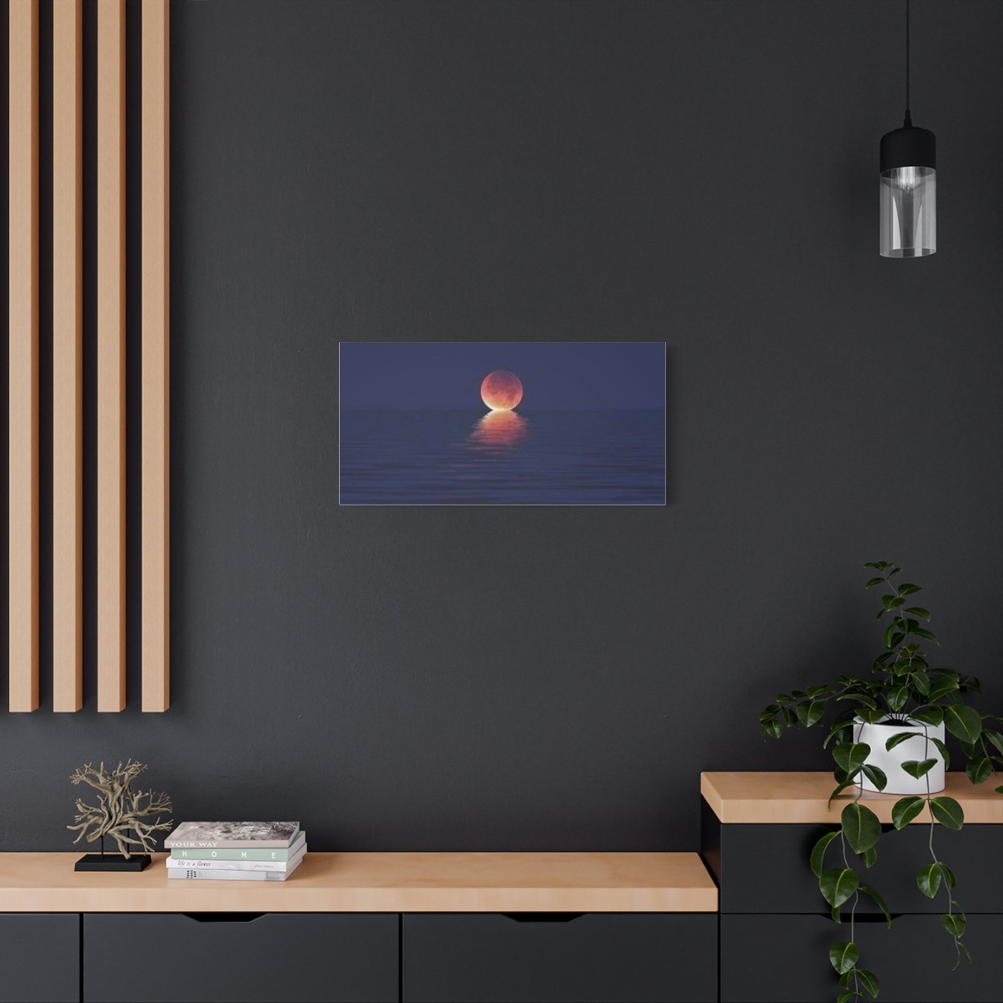 Lunar Reflection Canvas Art — Moonrise Over Calm Sea Stretched Matte Wall Art
