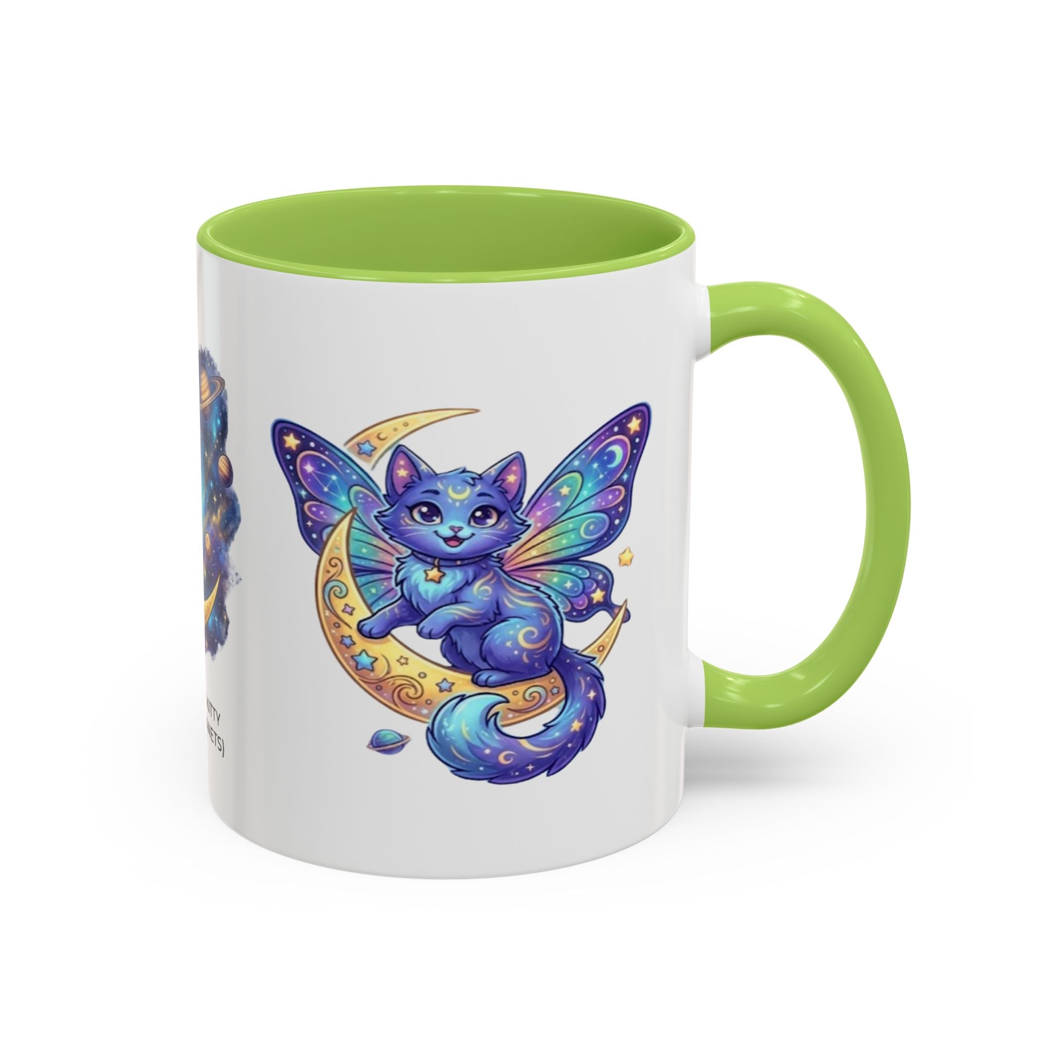 Cosmic Kitty Accent Coffee Mug — Magical Moon & Planets Cat Design (11/15oz)