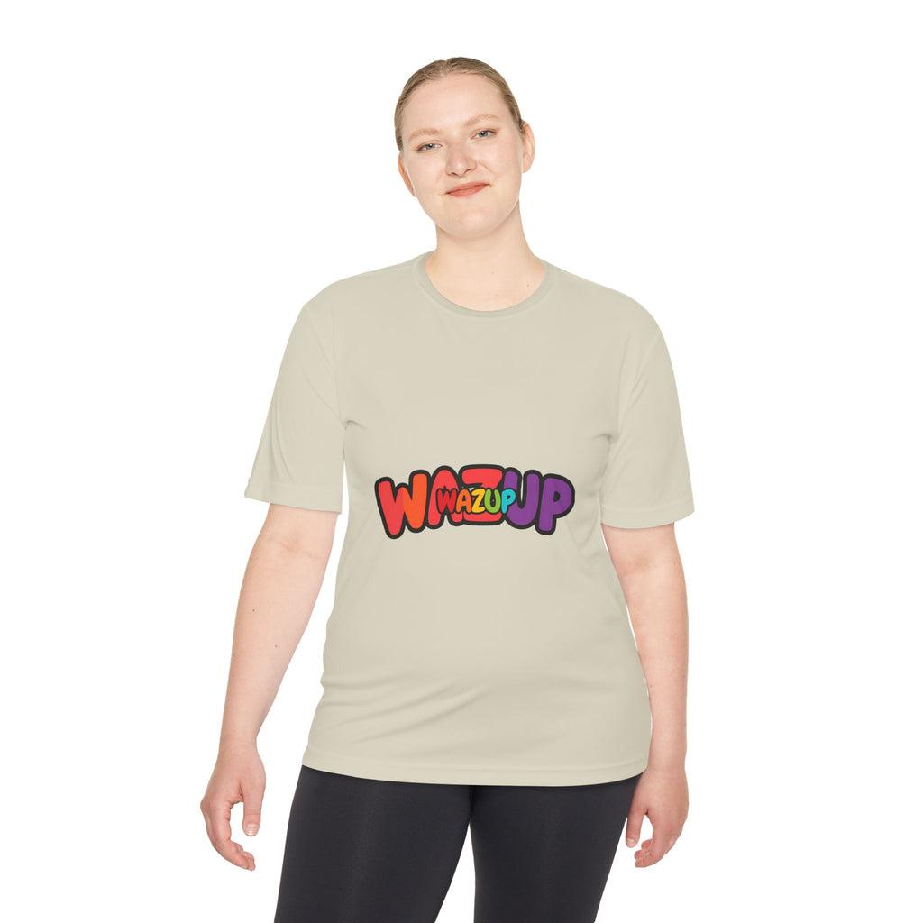 Wazup Colorblock Graphic Tee — Retro Pop 'Wazup' Moisture-Wicking Shirt