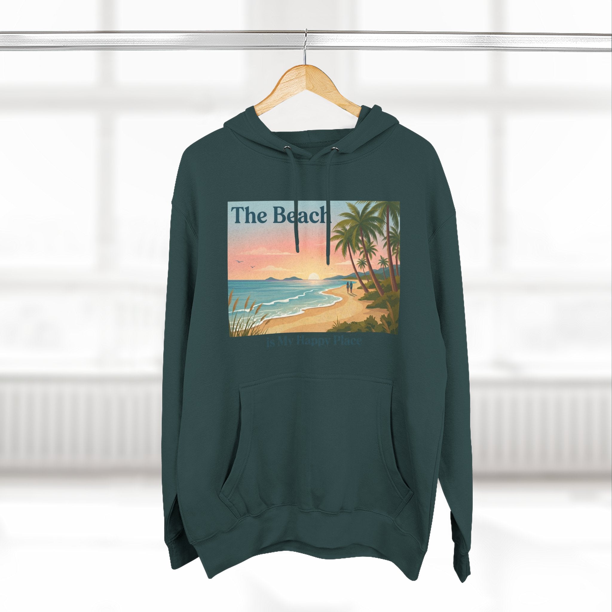 Beach Sunset Hoodie – "The Beach is My Happy Place" Coastal Palm Pullover