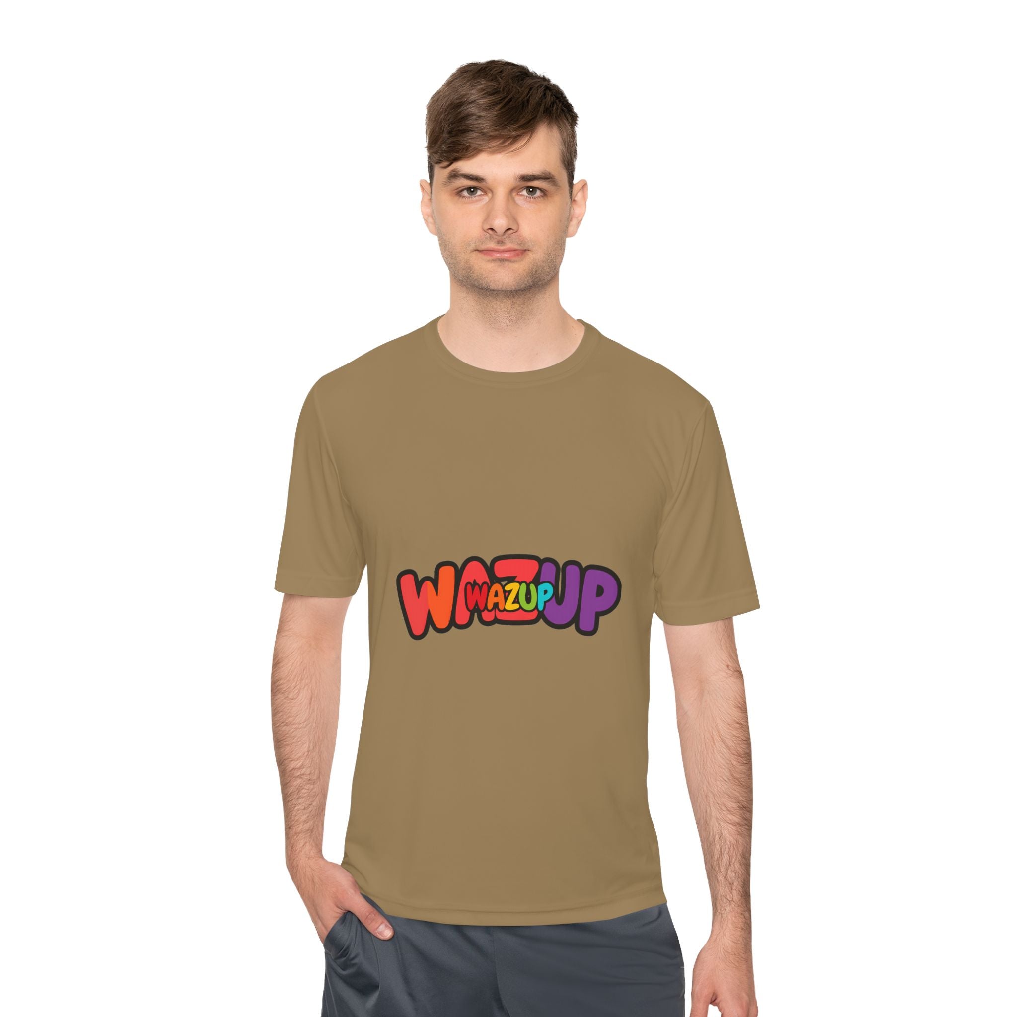 Wazup Colorblock Graphic Tee — Retro Pop 'Wazup' Moisture-Wicking Shirt