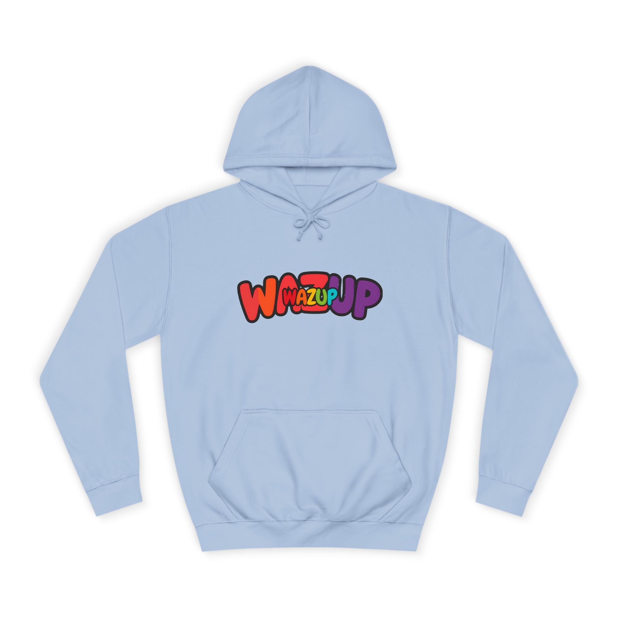 Wazup Colorburst Hoodie — Retro Bubble Letter Graphic Hooded Sweatshirt