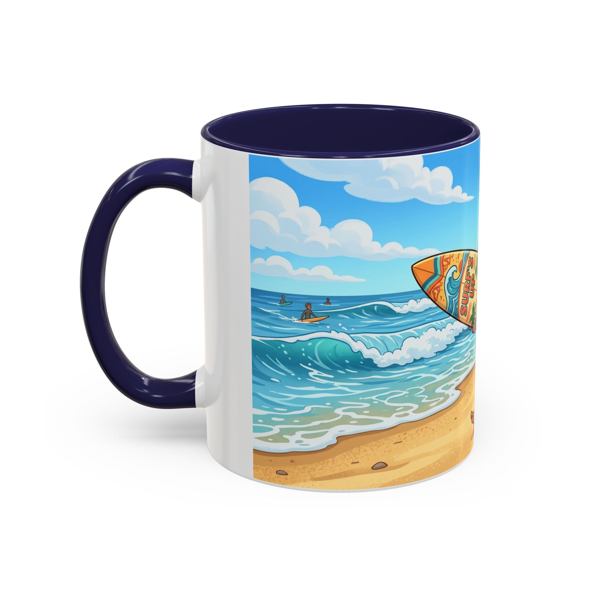 Surf Beach Coffee Mug — Cute Surfer Cartoon Design, 11/15oz Accent Mug