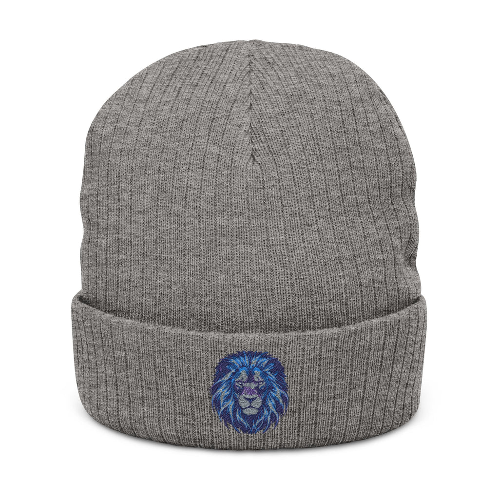 Embroidered Blue Lion Ribbed Beanie — Warm Knit Hat for Men & Women