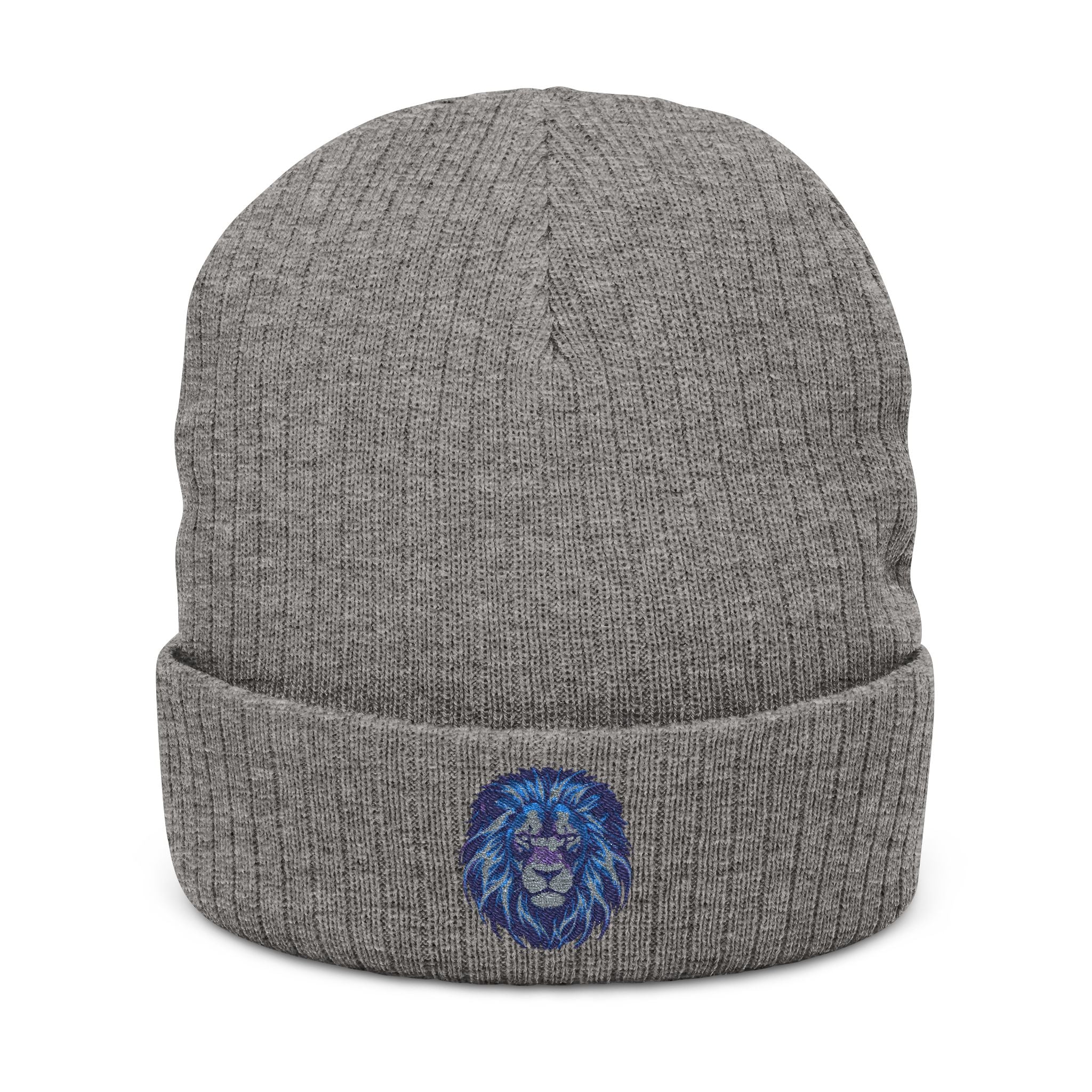 Embroidered Blue Lion Ribbed Beanie — Warm Knit Hat for Men & Women