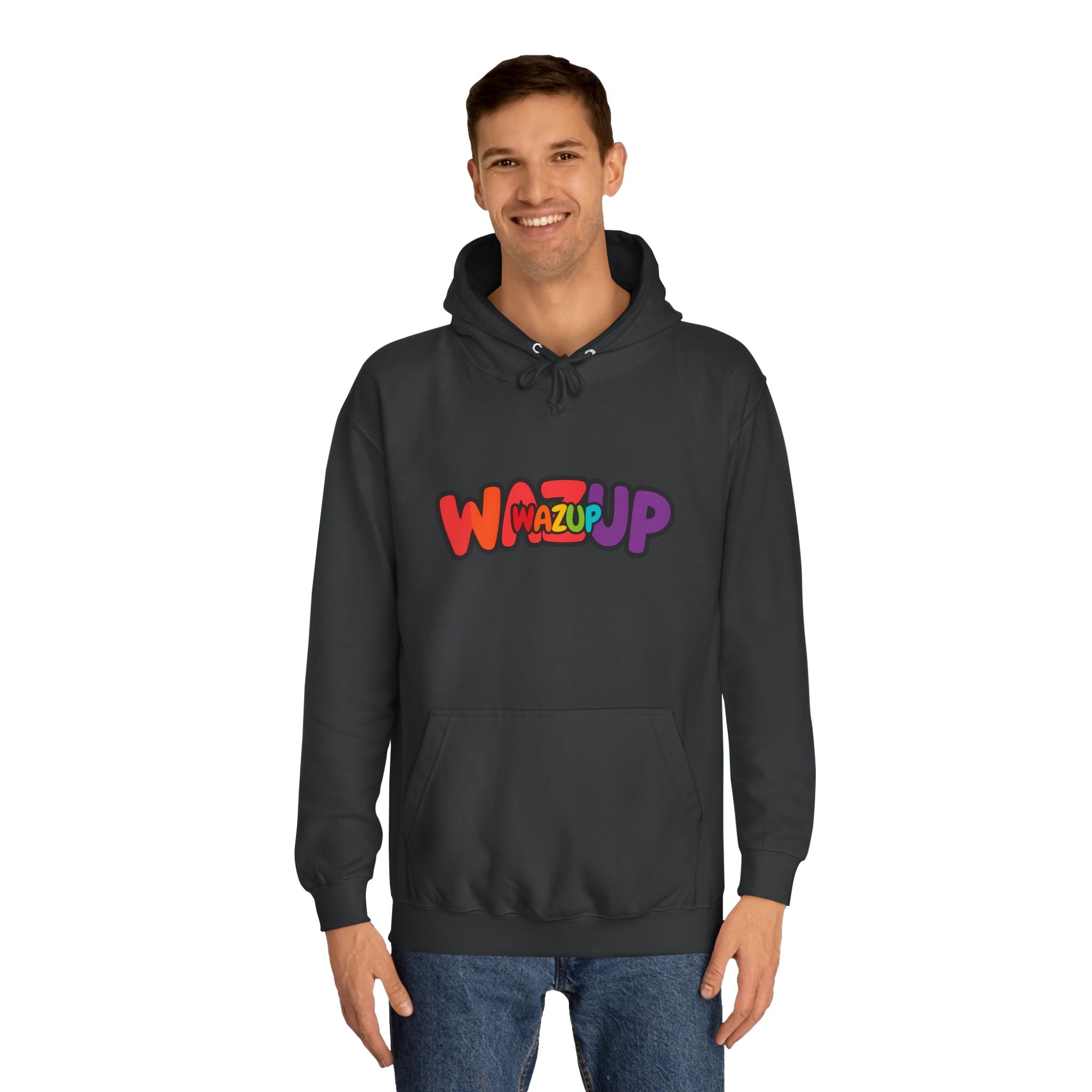 Wazup Colorburst Hoodie — Retro Bubble Letter Graphic Hooded Sweatshirt