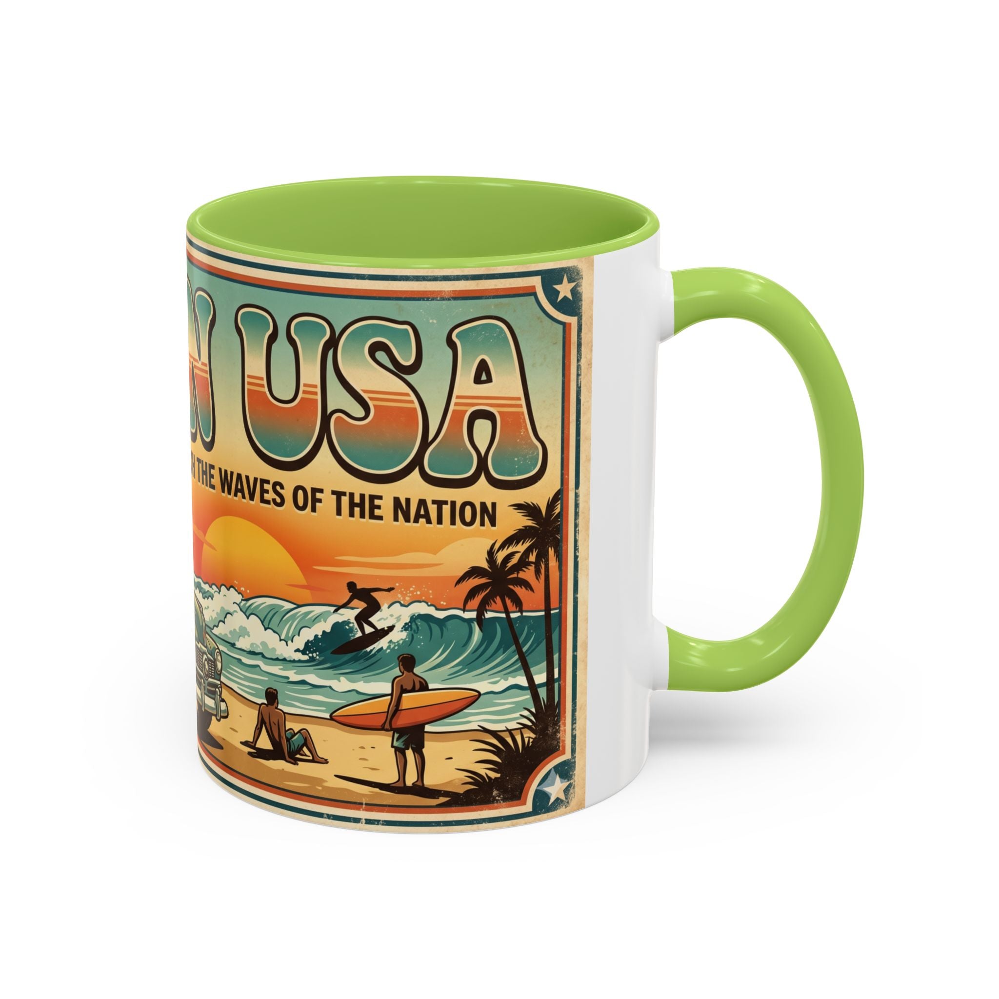 Surfing USA Coffee Mug — Retro Beach Vintage Surfboard Sunset Design