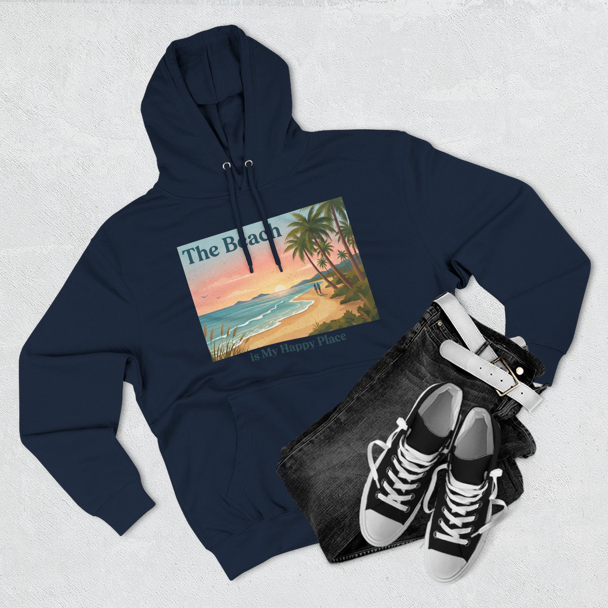 Beach Sunset Hoodie – "The Beach is My Happy Place" Coastal Palm Pullover