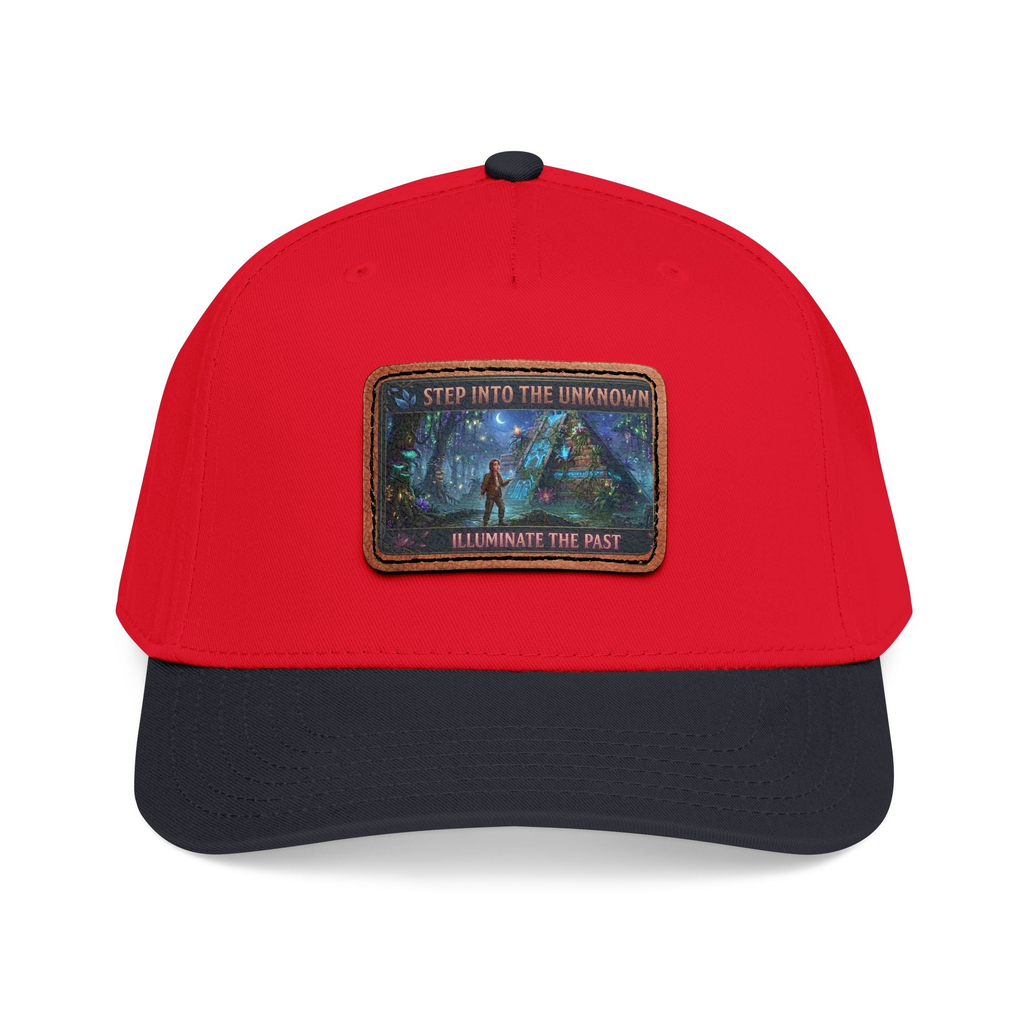 Leather Patch Baseball Cap — "Step Into the Unknown, Illuminate the Past" Forest Adventure Design