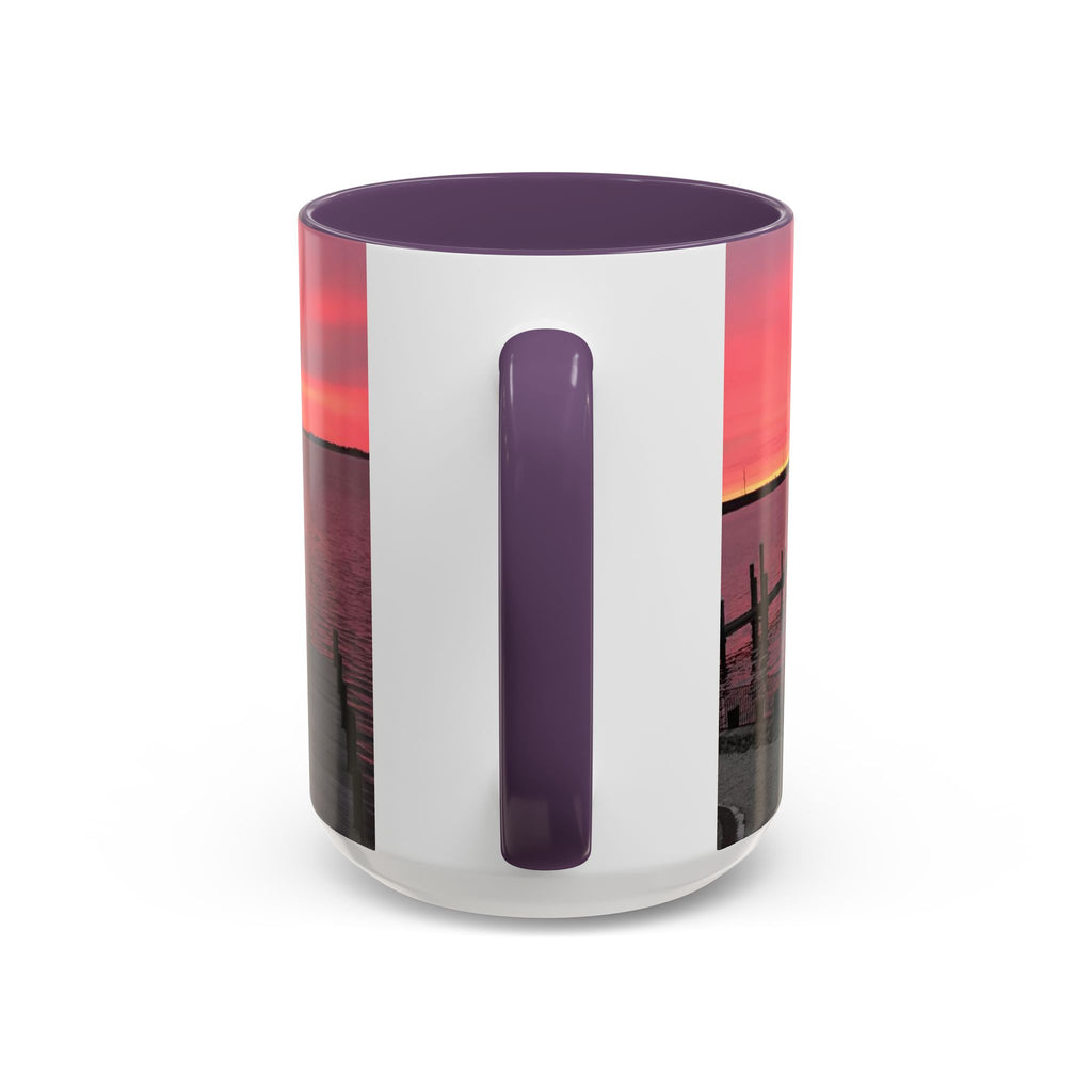 Sunset Harbor Accent Coffee Mug — Pink Sunrise Dock Scene (11/15oz)