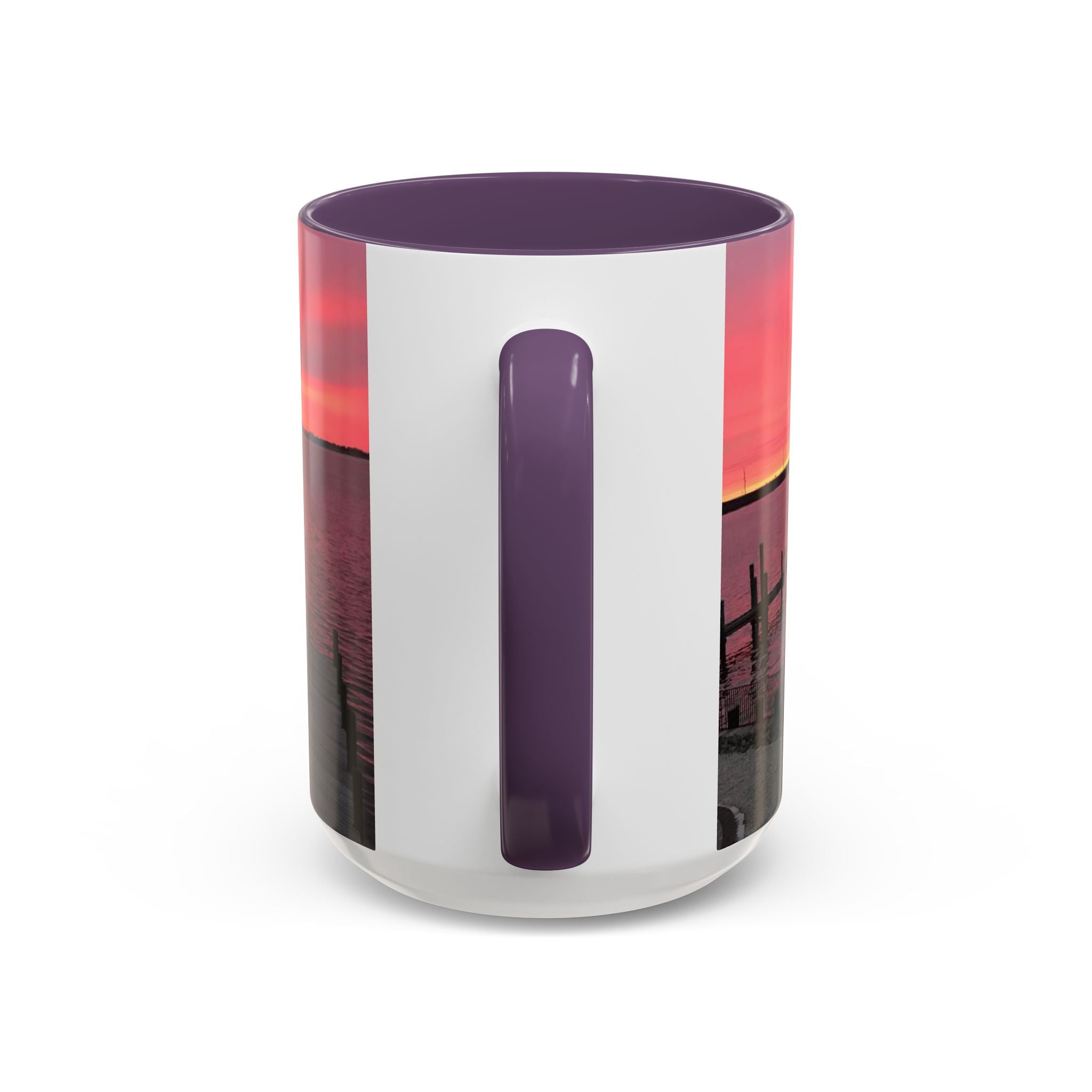 Sunset Harbor Accent Coffee Mug — Pink Sunrise Dock Scene (11/15oz)