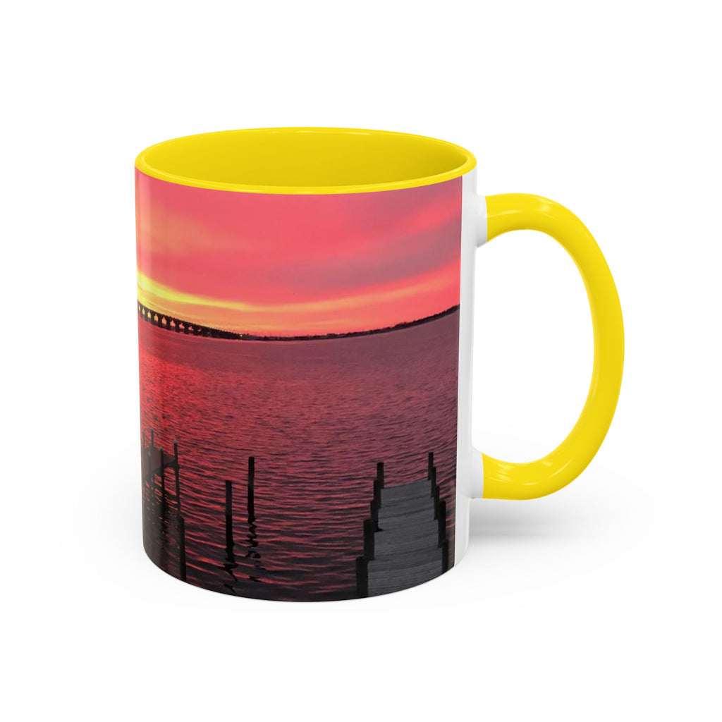 Sunset Harbor Accent Coffee Mug — Pink Sunrise Dock Scene (11/15oz)