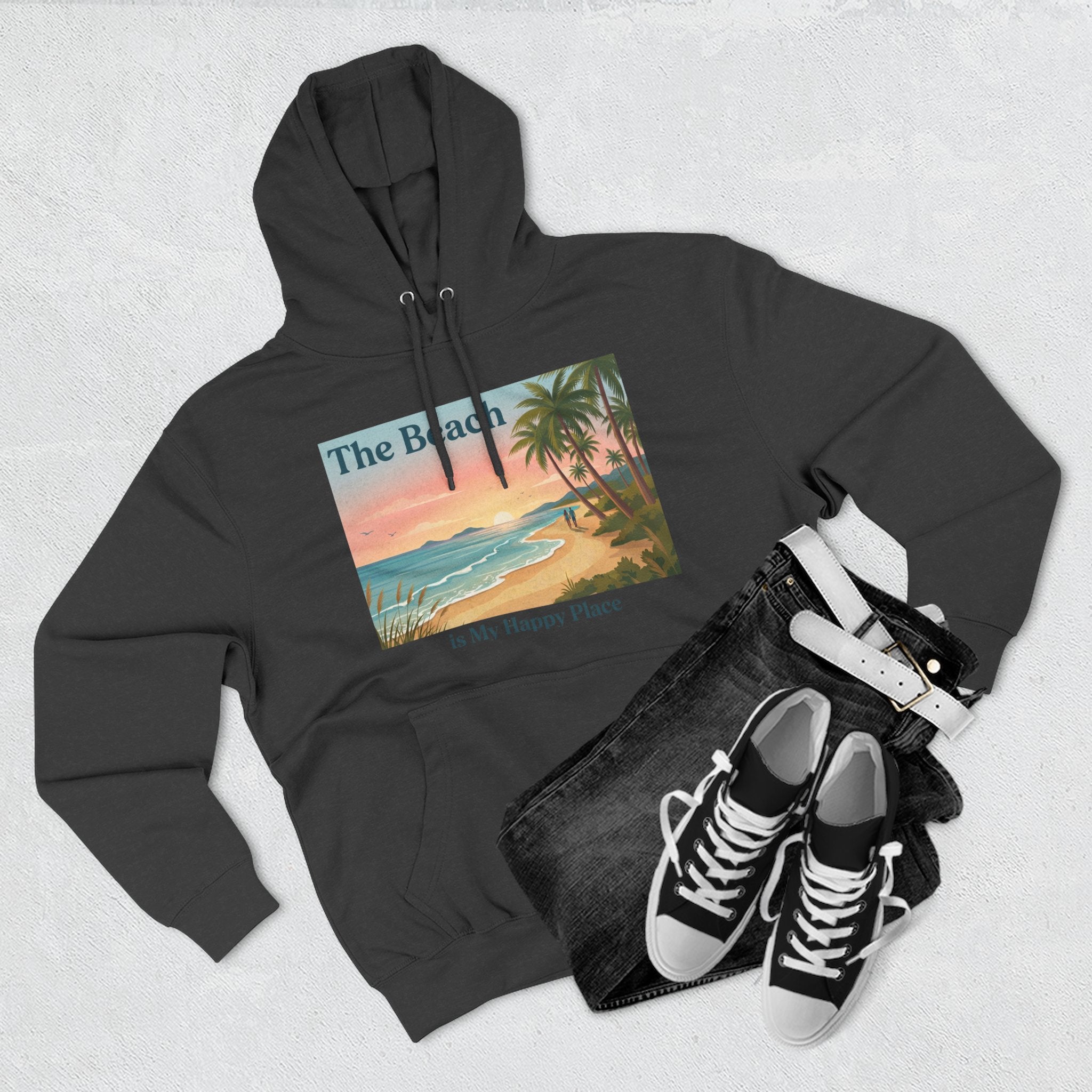 Beach Sunset Hoodie – "The Beach is My Happy Place" Coastal Palm Pullover