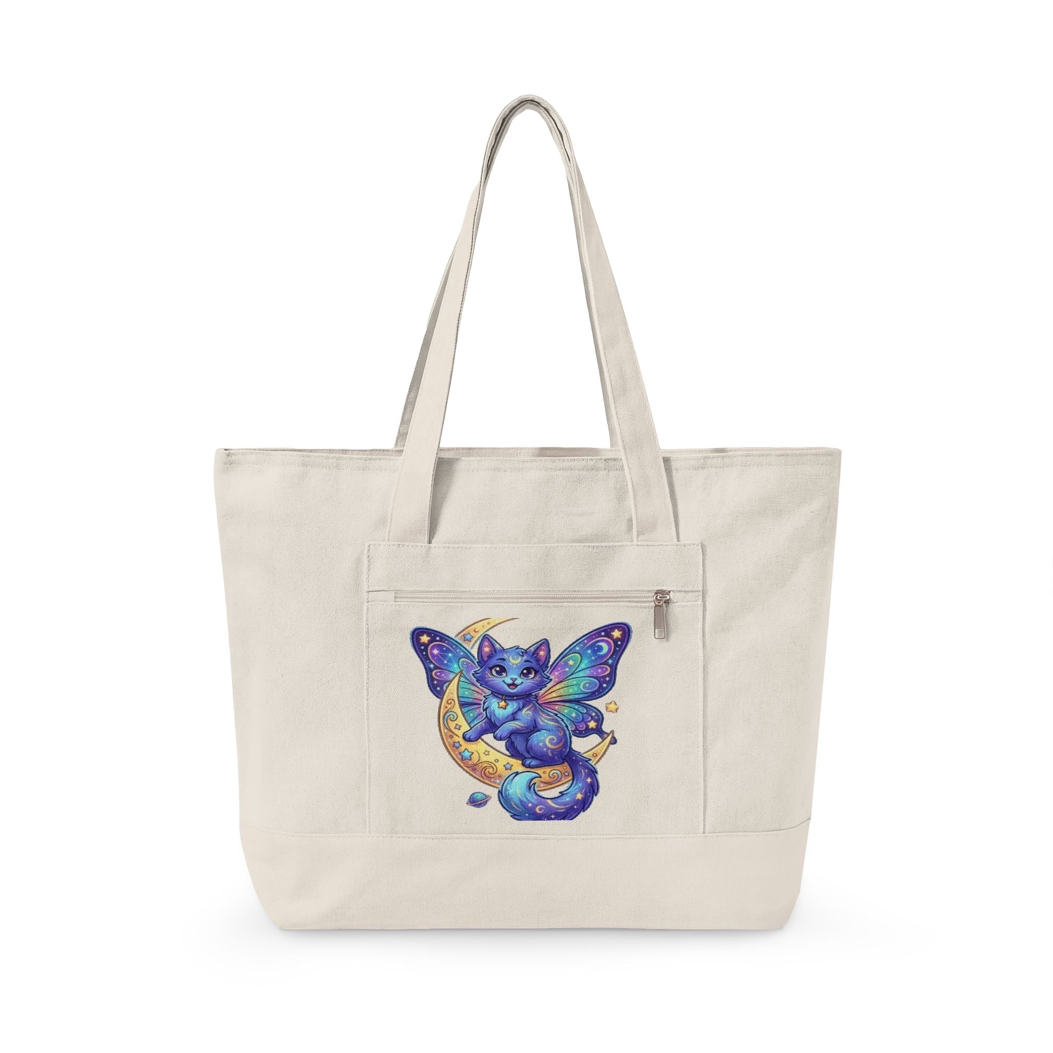 Canvas Tote Bag — Whimsical Moon Cat Butterfly Design
