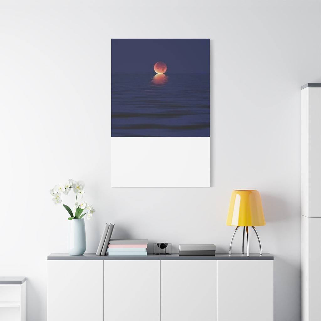 Lunar Reflection Canvas Art — Moonrise Over Calm Sea Stretched Matte Wall Art