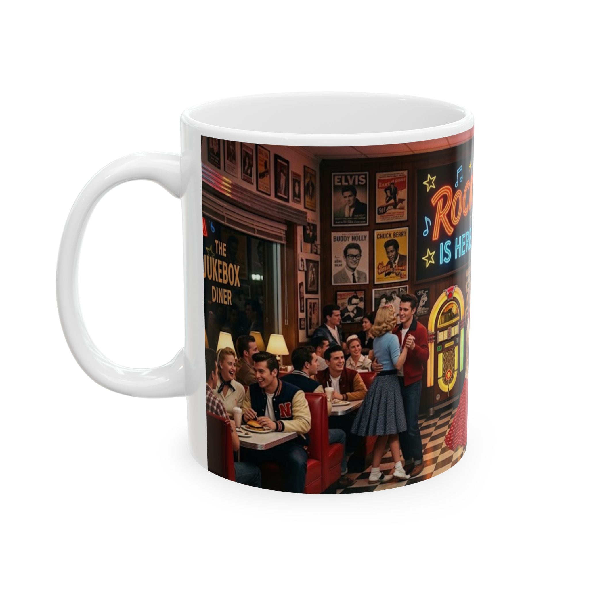 Rock and Roll Is Here to Stay Ceramic Mug — 11oz/15oz Retro 1950s Diner Design