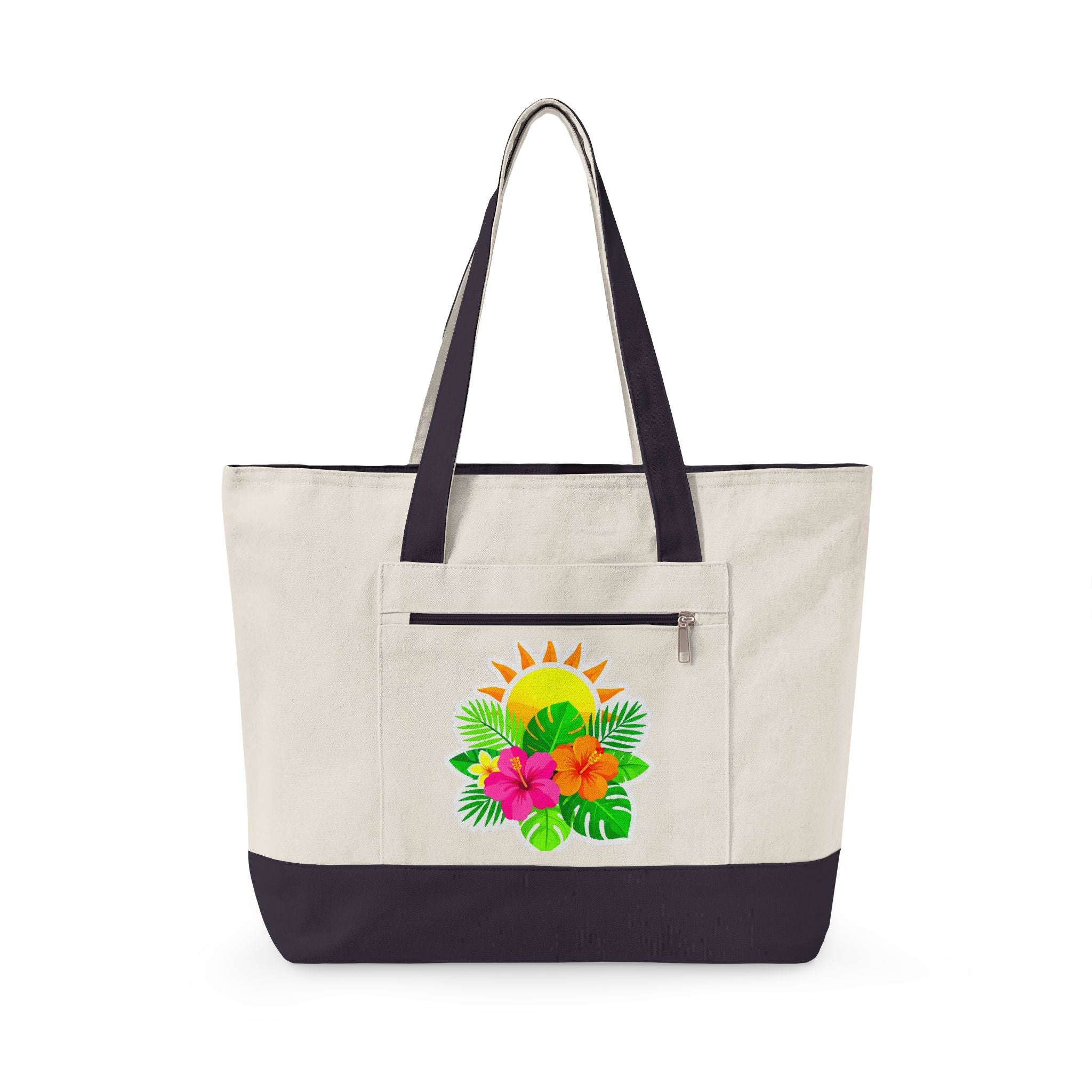 Tropical Sunrise Canvas Tote Bag — Zippered Beach Tote with Hibiscus & Palm Design