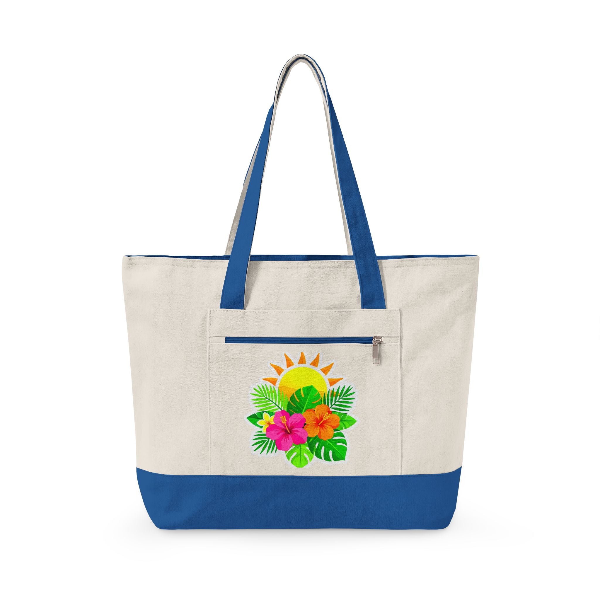 Tropical Sunrise Canvas Tote Bag — Zippered Beach Tote with Hibiscus & Palm Design