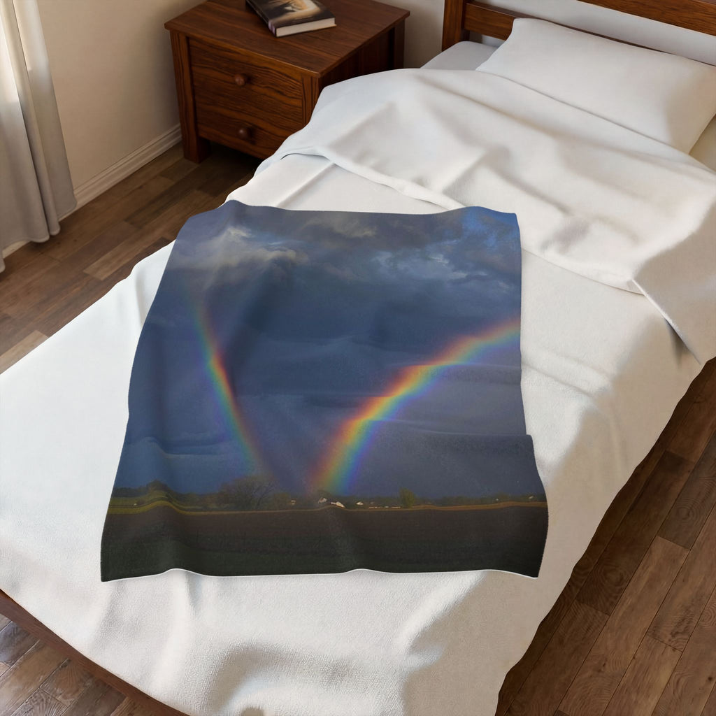 Rainbow Double Arc Velveteen Plush Blanket — Soft Cozy Throw with Double Rainbow Photo Print