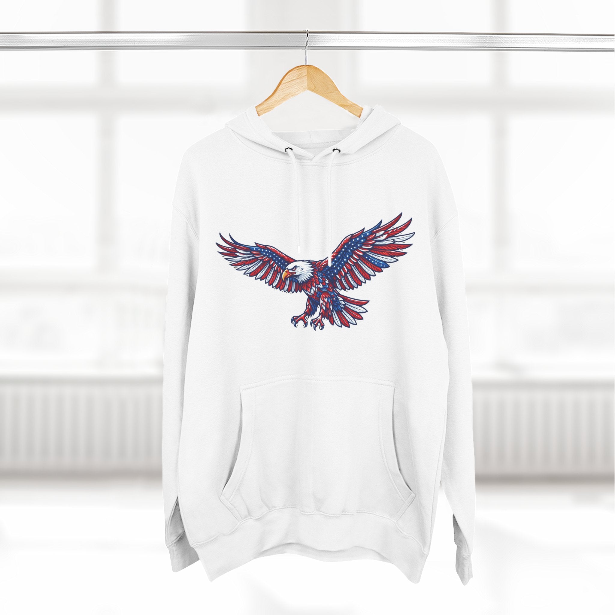 Eagle Flight Hoodie — Patriotic Red & Blue Soaring Eagle Graphic