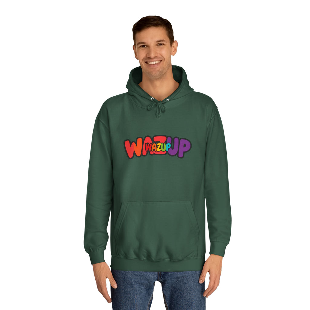 Wazup Colorburst Hoodie — Retro Bubble Letter Graphic Hooded Sweatshirt