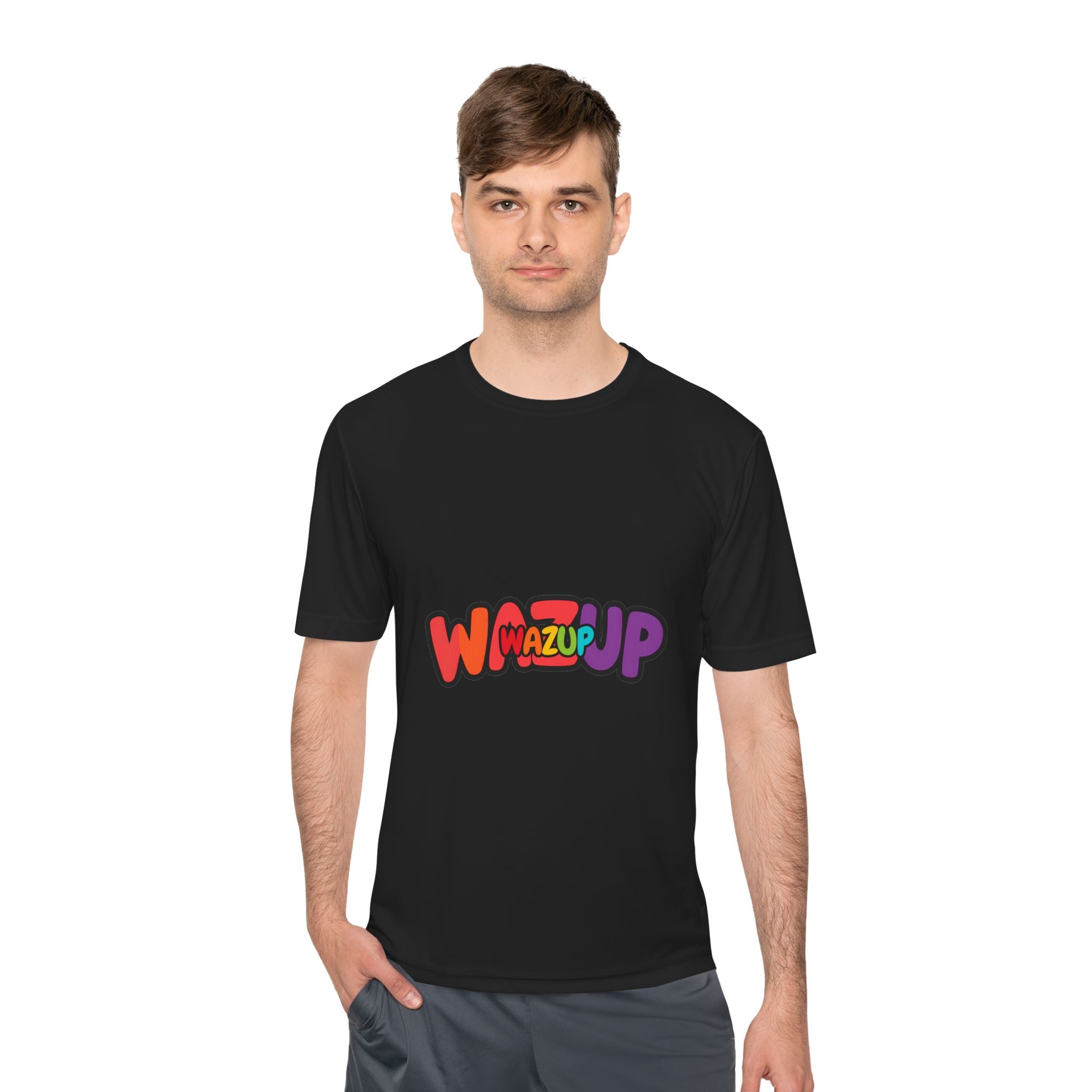 Wazup Colorblock Graphic Tee — Retro Pop 'Wazup' Moisture-Wicking Shirt
