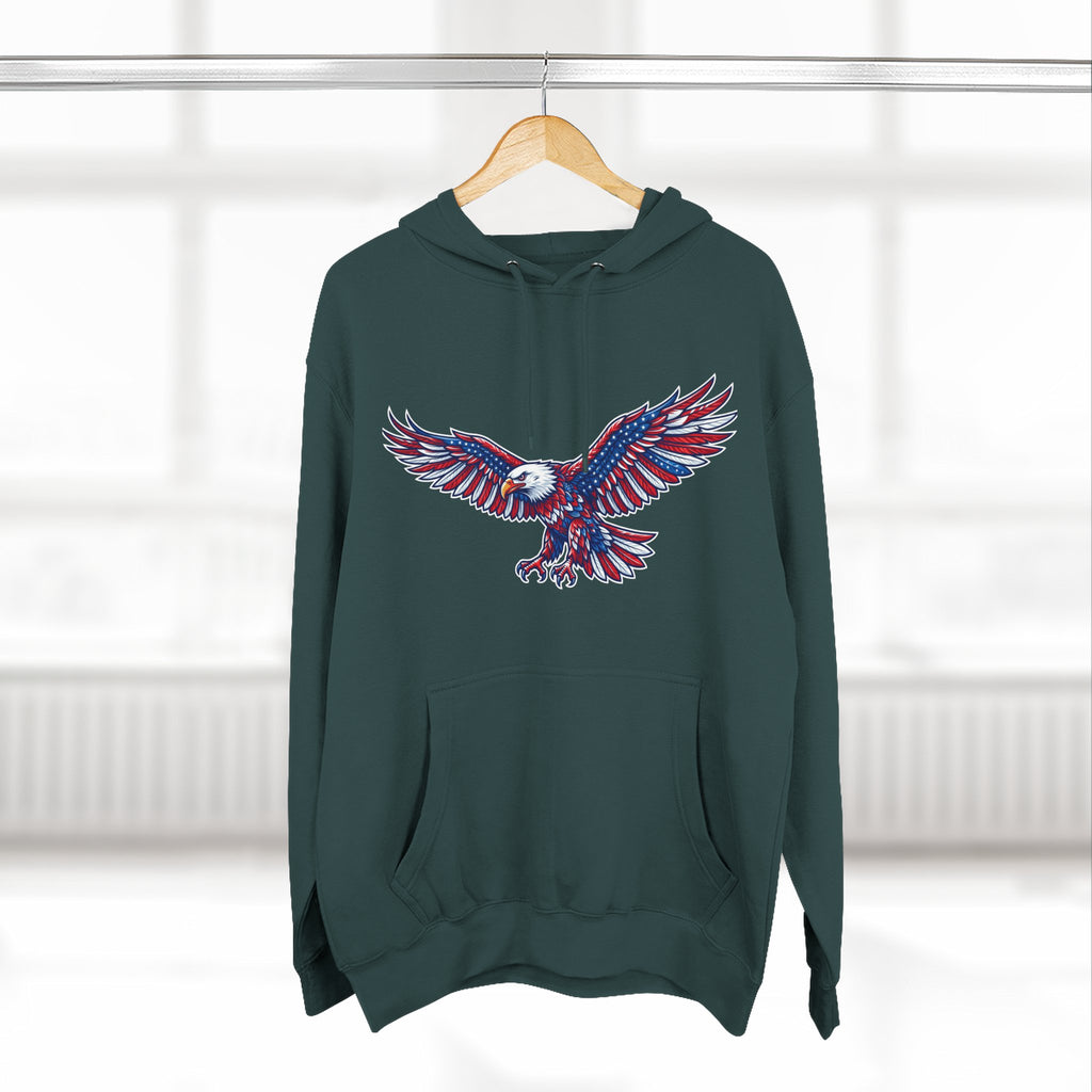 Eagle Flight Hoodie — Patriotic Red & Blue Soaring Eagle Graphic